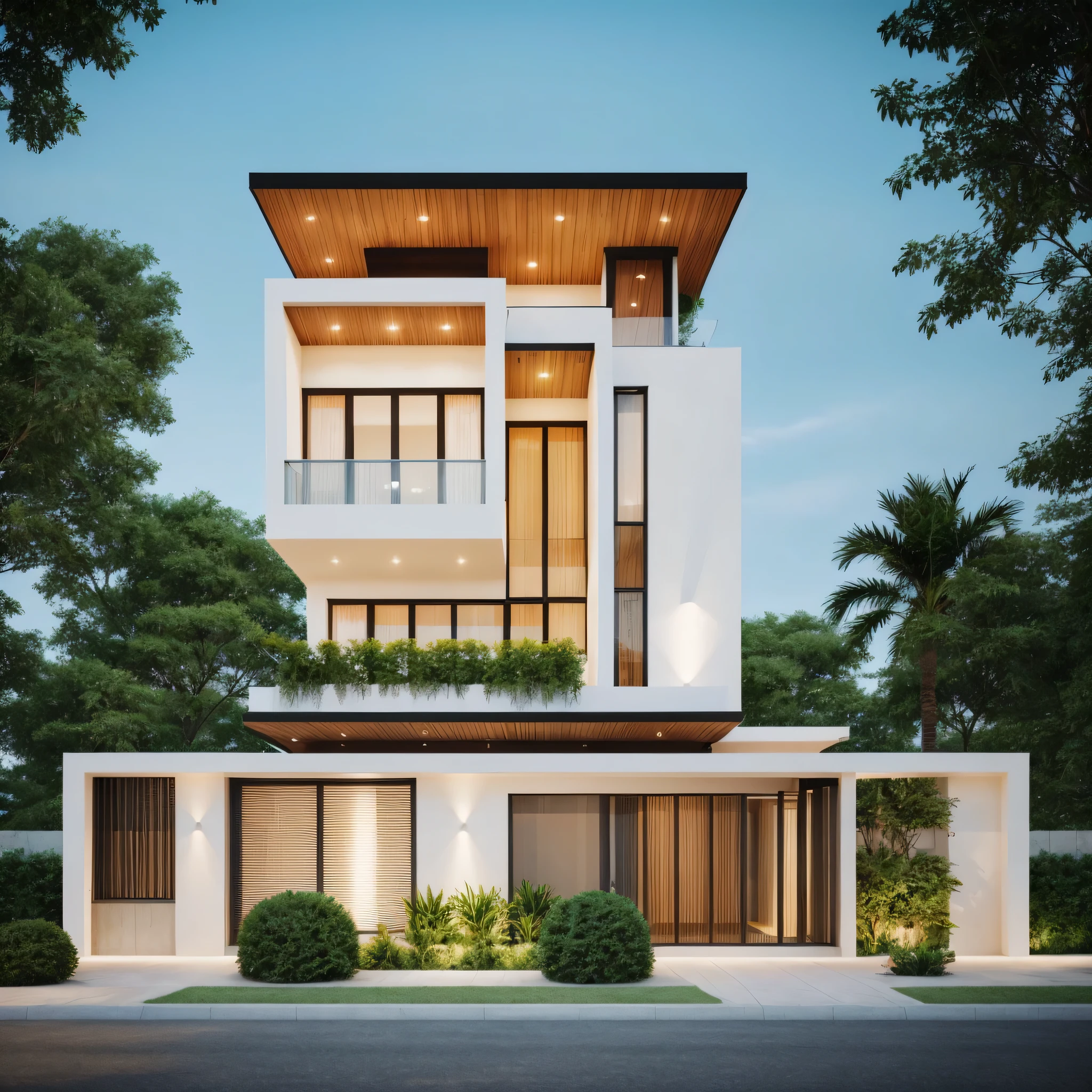 Architecture minimaliste, les principaux matériaux de la maison comprennent des murs blancs, murs effet béton bleu, images réalistes, extrêmement détaillé, une maison moderne, 1 route devant la maison, grande cour en céramique, (1 voiture), clôture en brique, pelouse, Quelques petites fleurs, une route devant la maison, les principaux matériaux de la maison sont les murs blancs et la brique rouge, Design moderne, ciel bleu clair, lumière du lever du soleil, la lumière de l'intérieur, lumière dynamique,lumière chatoyante, Lumière cinématographique, sentiment romantique, (((lumière du jour, lumière chaude)))