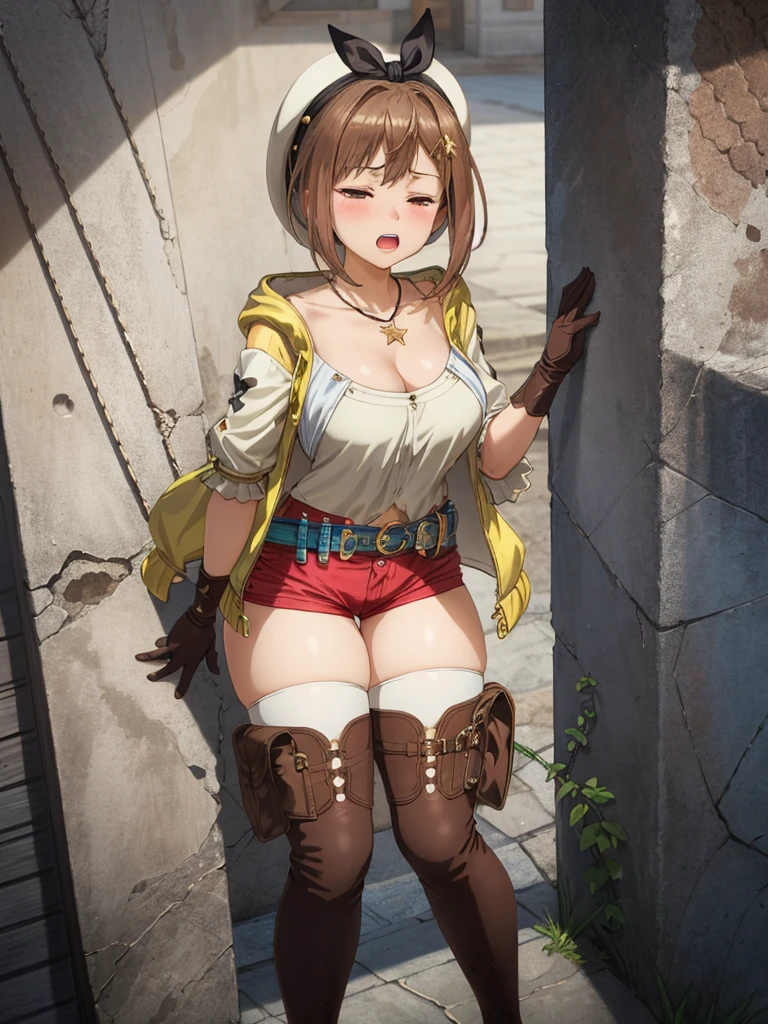 ((look up)), ((please open your mouth wide)), ((Fully closed eyes)), riser, 1 girl, ((blush:1.2)), alone, shorts, gloves, belt bag, head ribbon, jewelry, 赤いshorts, brown hair, thighs thighs, short shorts, bridal legwear, necklace, brown eyes, single glove, hair ornaments, Riman, star necklace, toeless footwear, leather, star (symbol), white hat, Brown gloves, knee high boots, short hair, thighs thighs, leather Belt, brown belt, leather gloves, Jacket, blue belt, thigh boots, ノースリーブJacket, thigh pouch, white thighs, clavicle, 黄色のJacket, brown shoes, cleavage, huge breasts, outdoor, close the legs, Erotic