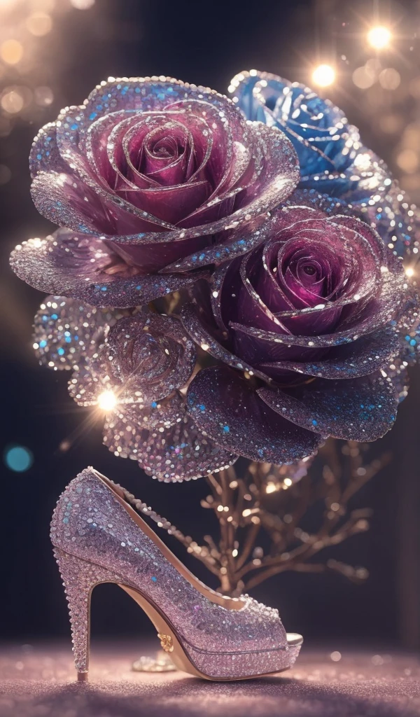 crystal shoes and crystal roses, fanciful, galaxy, cleanliness, Glossy, Glossy, Splendor, Splendor한, Amazing photos, dramatic lighting, photorealism, Ultra-detailed, 4K, depth of field, high resolution