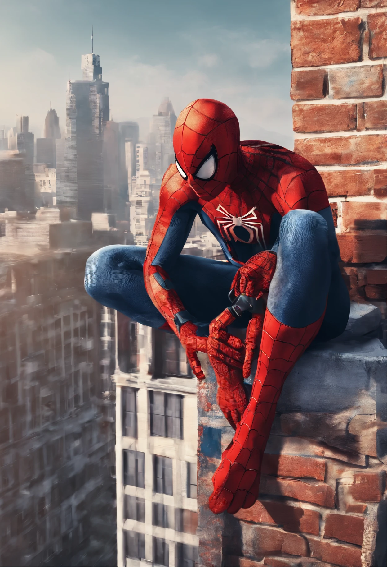 spider man fully dressed and holding coffee mug & siting at top of the building