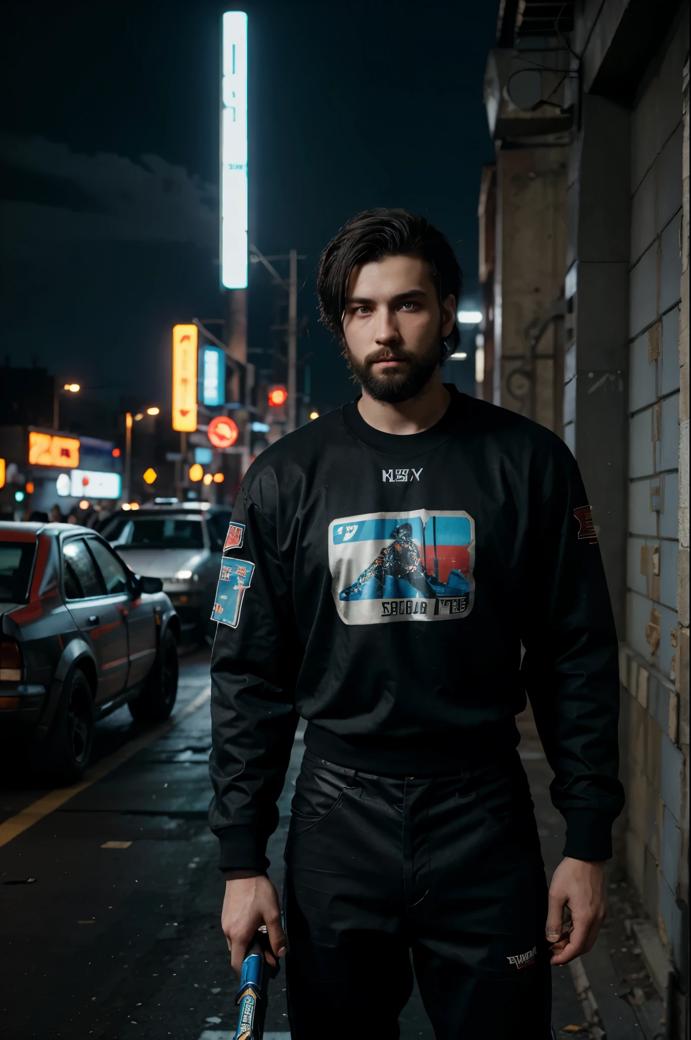 Cyberpunk 2077, Guy, 18 years old, with a beard, short black disheveled hair, blue eyes, black pants, a hockey jersey of the Soviet hockey team, stands against the background of an old Soviet car