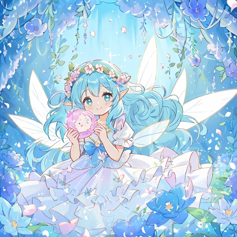 beautiful fairy girl in tiered colorful gradient ballgown dress, gradient sparkling 、水色のFairy dress, ((Skirt layered with multi-colored petals)), Fairy dress, queen of the fairies,(Glowing fairy wings), sparkling flowing ball gown, ((giant shining fairy wings)), Flowers and colorful plants, There's a glowing aura around her, beautiful, masterpiece, highest quality、gradient hair, light blue hair, floating hair, wavy hair, very long hair, hair bow, head wreath, aqua eyes, longeyelashes, pointy ears, light smile, bright pupils、Flower garden inside the white castle、Tea party