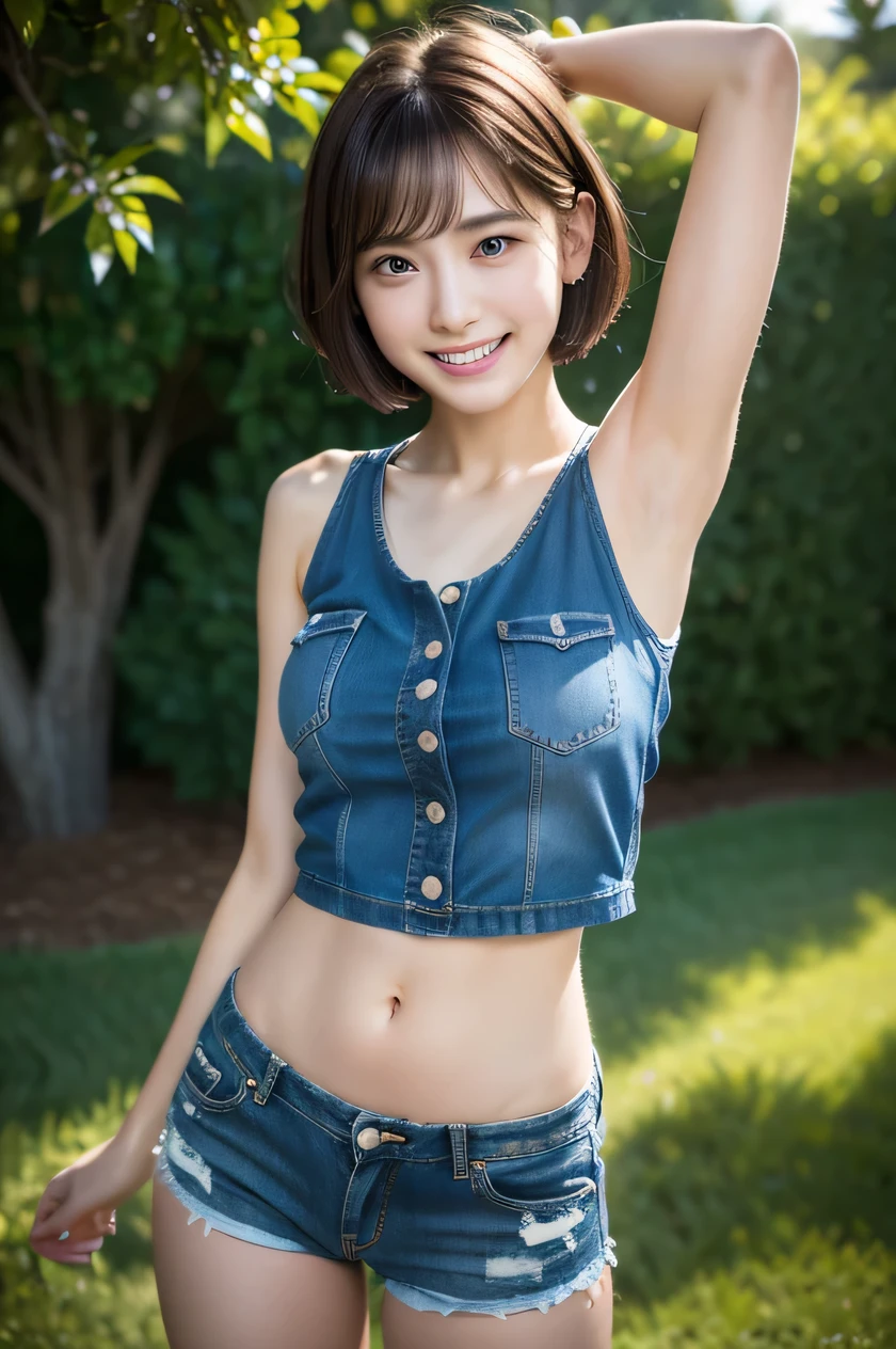 The beauty of 8K raw photos:2.0, short hair,, great face and dark eyes, stare at the camera, A smile full of joy:1.6, show teeth, Raise your hands to show your armpits, dynamic pose, Panty shot with legs open, (pink tank top、denim shorts:1.2)、 realistic:1.9, very detailed CG 統合 8k 壁紙, very detailed, High resolution RAW color photos, professional photos, Taken on the lawn, girl sexy portrait