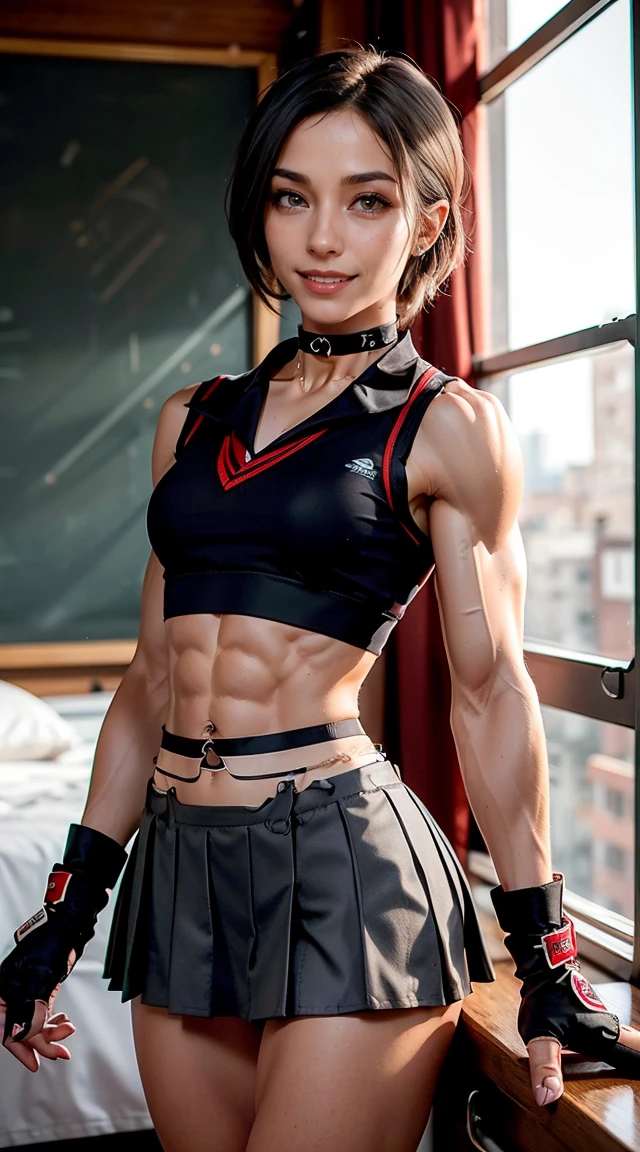 8K, Top Quality, Intricate Details, Ultra Detail, Ultra High Resolution, high-quality, photorealistic image, Masterpiece, random angle, young, attractive, very beautiful mikasa ackerman, with a toned and muscular body. She has a sexy fit and athletic physique, staring with sensual face expressions and a sexy seductive smirk, (Makeup: 0.4), (Fluffy Blue Eyes: 1.21), blue Eyes, ((full body)), 1girl, solo, 1 girl, (( full body)),  close-up shot, (((fit body))), (((slim face))), sharp face, sharp eyes, (((black hair, short hair, bangs)), (detailed face), sharp face, small lips, thin lips, ((red scarf, crop top, thigh strap)), detailed face, detailed breasts, large perky breasts, detail, curvy biceps and triceps, with accentuated slender abs: 1.4, Six Pack Abs: 1.4, Bust Botox, Perfect Body, detail leg, (( moonlight)), ocean