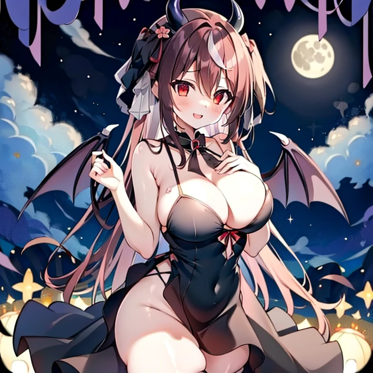 masterpiece, highest quality, be familiar with, 1 girl, alone, night sky,  full moon, performer, cloud, night,,  dark sakura, (black dress), long hair, evil smile, red ribbon, striped, thighs　big breasts　succubus　Left and right devil wings　I have my hand on my chest　cute expression