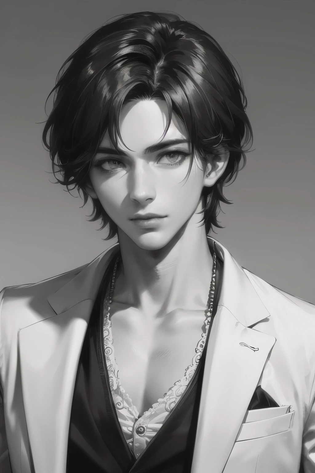 ((best quality)), ((suit male)), (pretty cool),  (Very handsome)，（black and white）perfect face