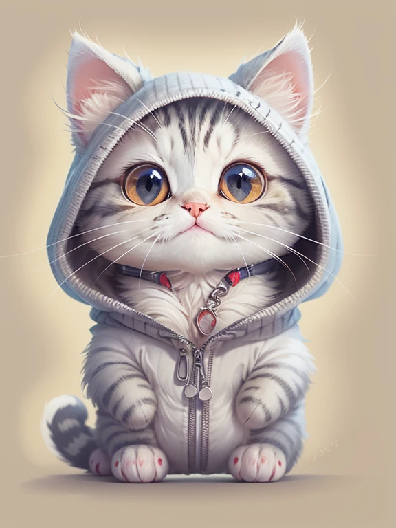 Create an adorable and stylized image of a silver tabby cat wearing a cute hoodie. The cat should have a round and chubby shape with big round eyes. The silver fur should be depicted with simplified lines and patterns, and the hoodie should be colorful and snugly fitting, with a playful design. Please make sure to capture the charm and cuteness of the cat in the image.