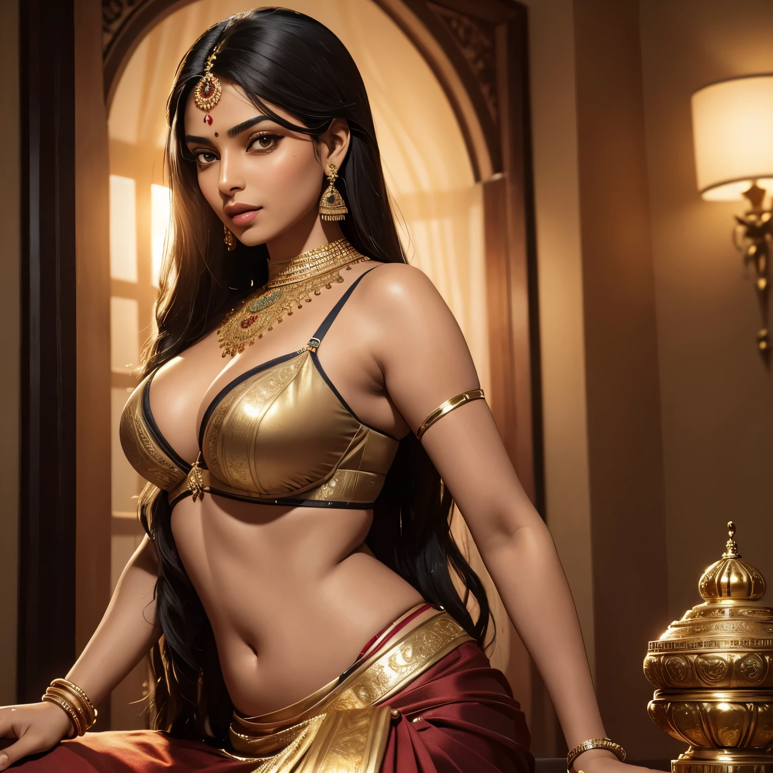 A mesmerizing 3D illustration of a 35-year-old Indian woman, adorned in a bra, boasting realistic details and intricate textures. Her almond-shaped eyes, framed by thick, curved eyelashes, reflect a captivating depth. Her honey-brown skin glows under the soft, golden hues of natural lighting, which gently cascades on her figure.
A small and intricate Bindi, the traditional Indian forehead adornment, sits between her brows. Its rich, vibrant color contrasts against her bare skin, signifying her heritage with pride. Her glossy, jet-black hair cascades down her back,