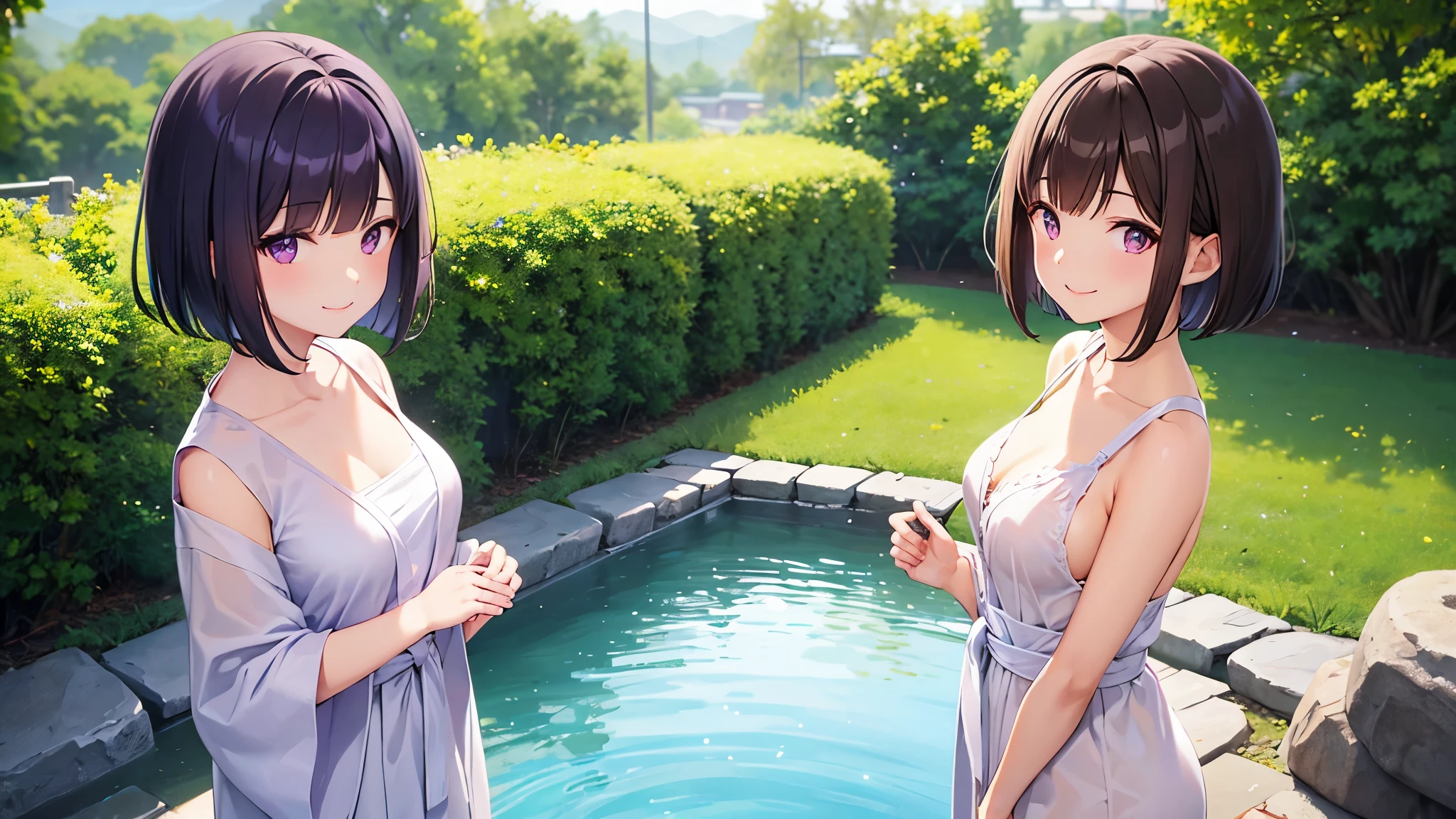 very cute girl、dark brown hair、bob cut、short hair、Violet eyes、smile、Crystal clear white skin、yukata、whole body、hot spring、