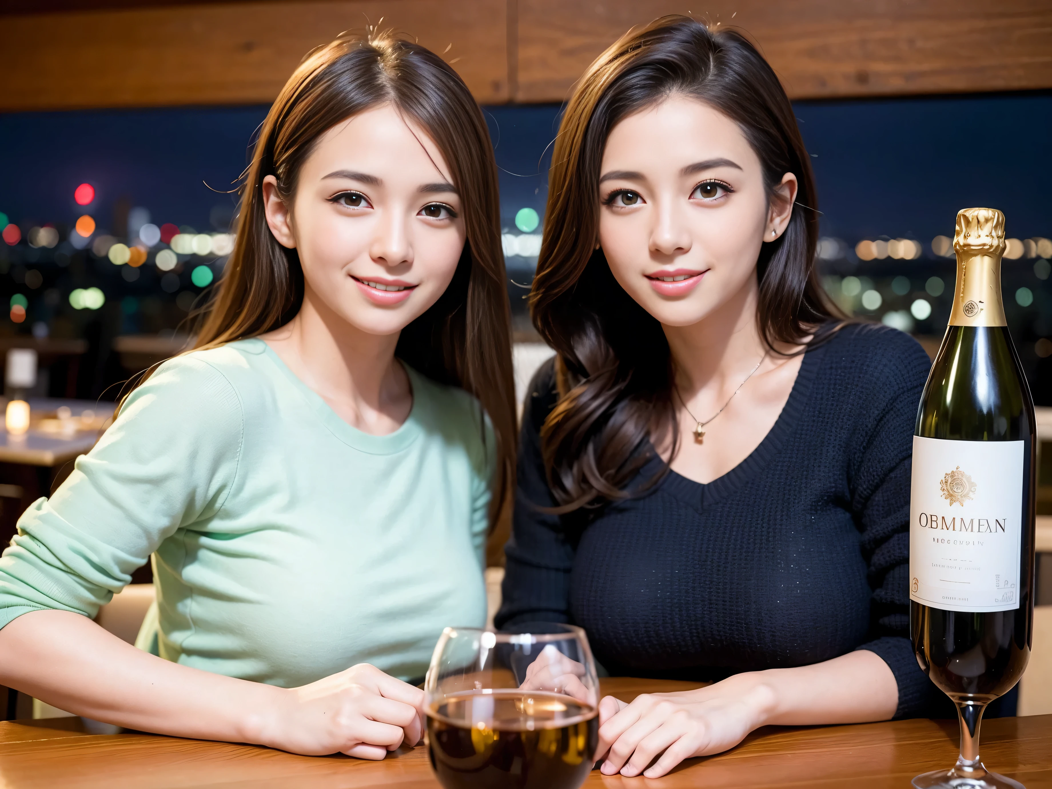 (including 64k, nffsw, highest quality, table top: 1.2), (realistic, photorealistic: 1.37), long sleeve shirt、winter fashion、Colombia、Brazilian、Japanese、Dutch、German、Portuguese、Belgian、Italian、french,champagne、Sparkling wine、 (slimフェイス), (slimボティ), (brown hair), (shortcut), Neat beauty、cheeks blush a little, (35 years old), 38 years old, alone, 窓の外には美しく緻密なnight景が広がります., restaurant, wine glassが座っている, nightに, in a prominent place (from the Upper body) nova frog style, actress, model, Upper body, White wine, slim, wine glass, Super Clean night View, wine glass Put in the Middle, Happy smile, (smile: 1.15), beautiful and detailed eyes, Upper body, bust japan up, night, short, short, actress, model, Upper body, White wine, slim, wine glass, Super Clean night View, wine glass Put in the Middle, Happy smile,