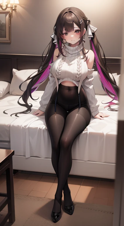 best quality, masterpiece, soft lighting, highresmasterpiece, best quality, sushang, long hair, twintails, darkbrown hair, 1girl, breasts, pantyhose, hairclip, looking at viewer, full body, large breast, multicolored hair, masterpiece, best quality, highly detailed,pleading face, masterpiece, best quality, ultra-high-detailed, virgin destroyer sweater, solo, masterpiece, best quality, highly detailed
