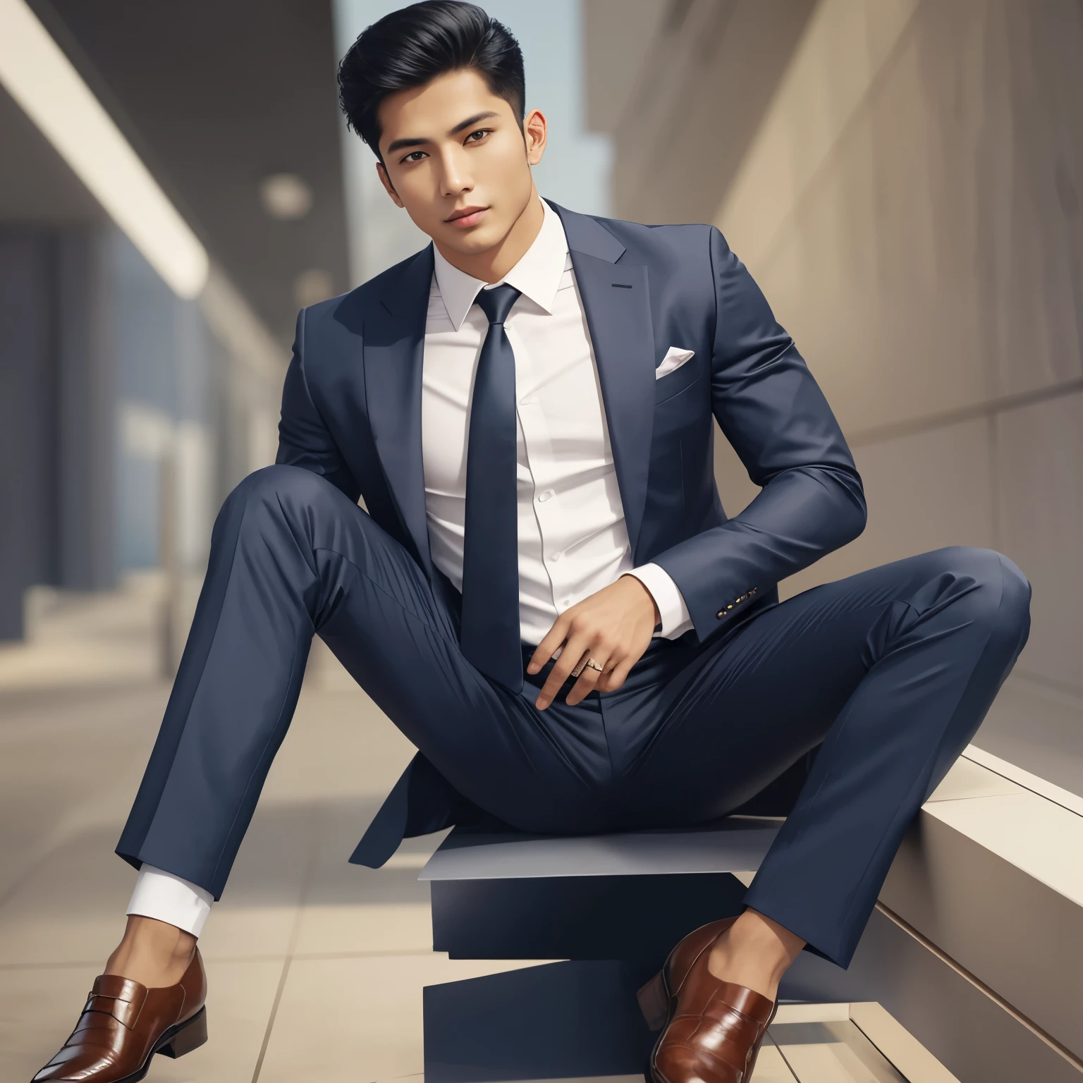 Create an ultra realistic full body image of an extremely attractive young man exuding confidence and professionalism in his attire. he should have sharp features, mesmerizing hazel eyes, and a symmetrical face that radiates grace. The background should be dark. The man should be dressed in impeccable stylish professional attire that showcases his style and competence. Capture the essence of his determination, intelligence, and poise, making him the epitome of a successful and empowered Myanese man in the corporate world.