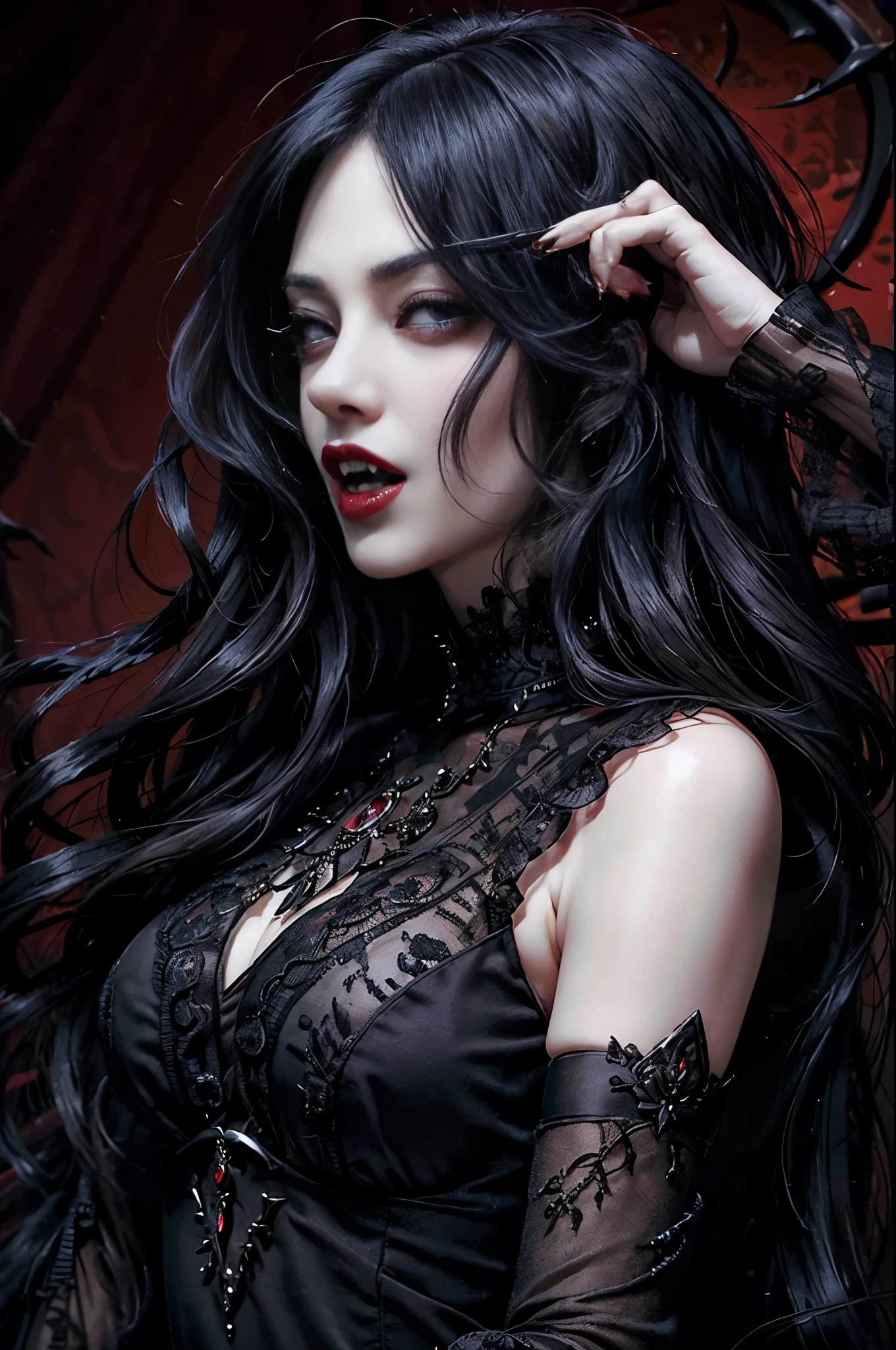 Masterpice, high resolution 4k, Close up, portrail of a beautiful lady vampires, open mouth showing very long fangs, ready to bite the viewer, crystal amethyst eyes, red lips, pale face, long wavy hair, very black hair. Elegant dress, highly detailed,