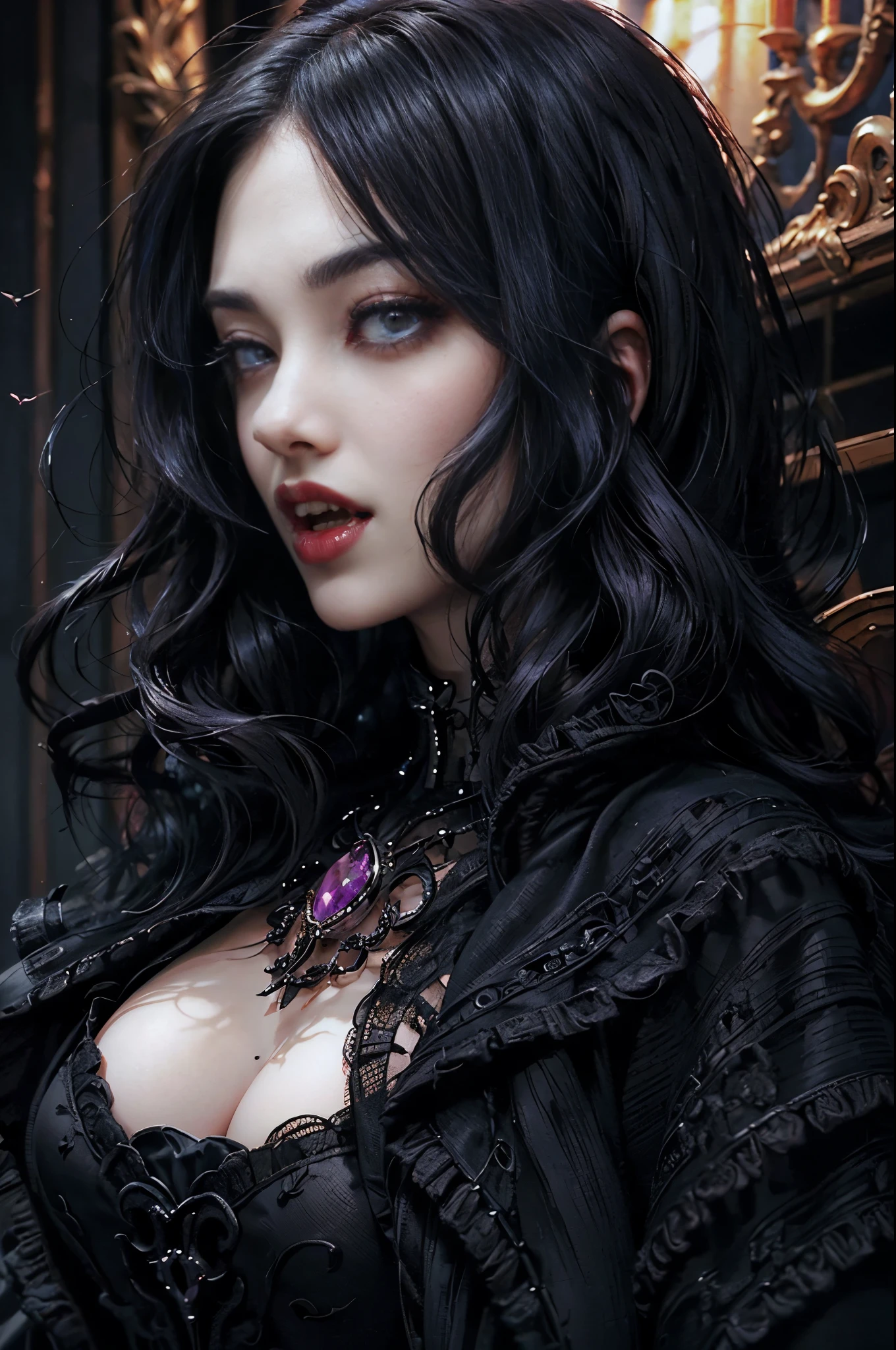 Masterpice, high resolution 4k, Close up, portrail of a beautiful lady vampires, open mouth showing very long fangs, ready to bite the viewer, crystal amethyst eyes, red lips, pale face, long wavy hair, very black hair. Elegant dress, highly detailed,