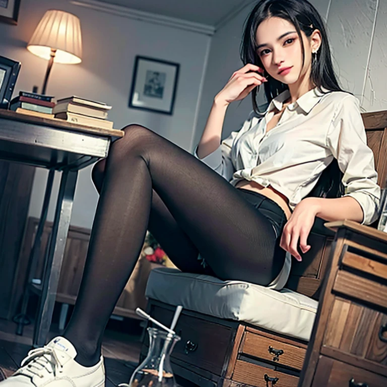 Um mulher, bravo para trabalhar, vestindo um terno e sapatos de couro, sentado em uma mesa para trabalhar, diurno, s office, colegas, retrato facial fino, retrato de roupas finas, ultra HD, 8K, vista, foto de corpo inteiro.