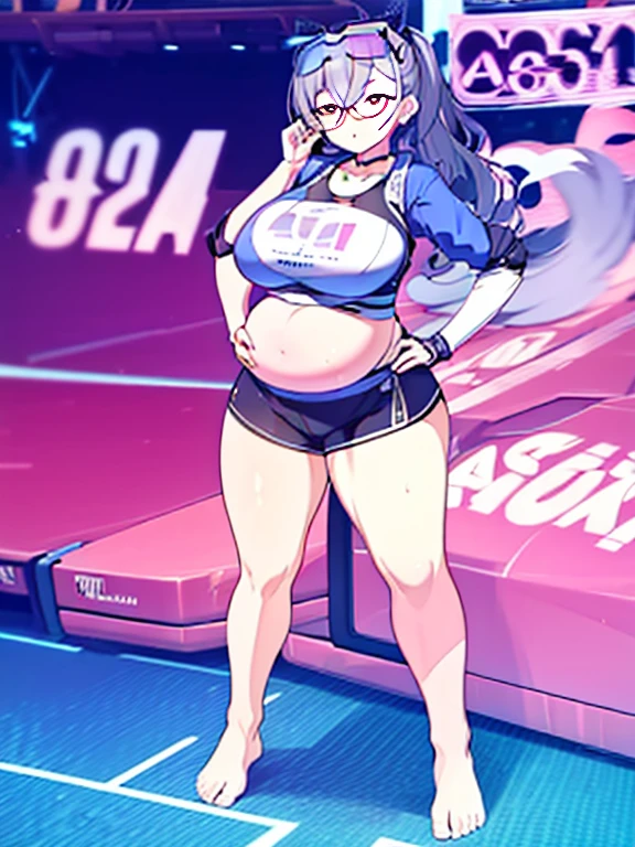 (Very high quality, detailed) A full body image of a pregnant girl wearing a sports bra, very thight shorts and glasses, she's standing barefoot and has very big breasts, long hair and a pretty thick body. She has her hands on her belly and her belly is uncovered