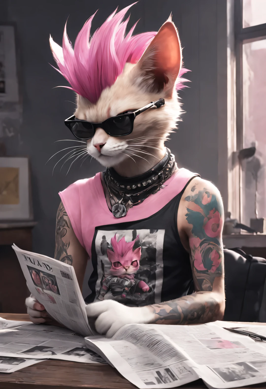 Punk cat with pink mohawk tattoo is reading newspaper, fantasy poster --v 4 --ar 2:3