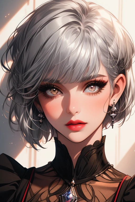 (best quality, masterpiece), 1girl, beautiful girl, brown_eyes, ((hair color [Silver hair], [pixie cut with bangs] hair)), earrings, lips, short sleeves,realistic, narrow waist, charming, colorful makeup, long eyelashes, fair skin, (cute), (detailed face), detailed eyes, detailed iris, 
