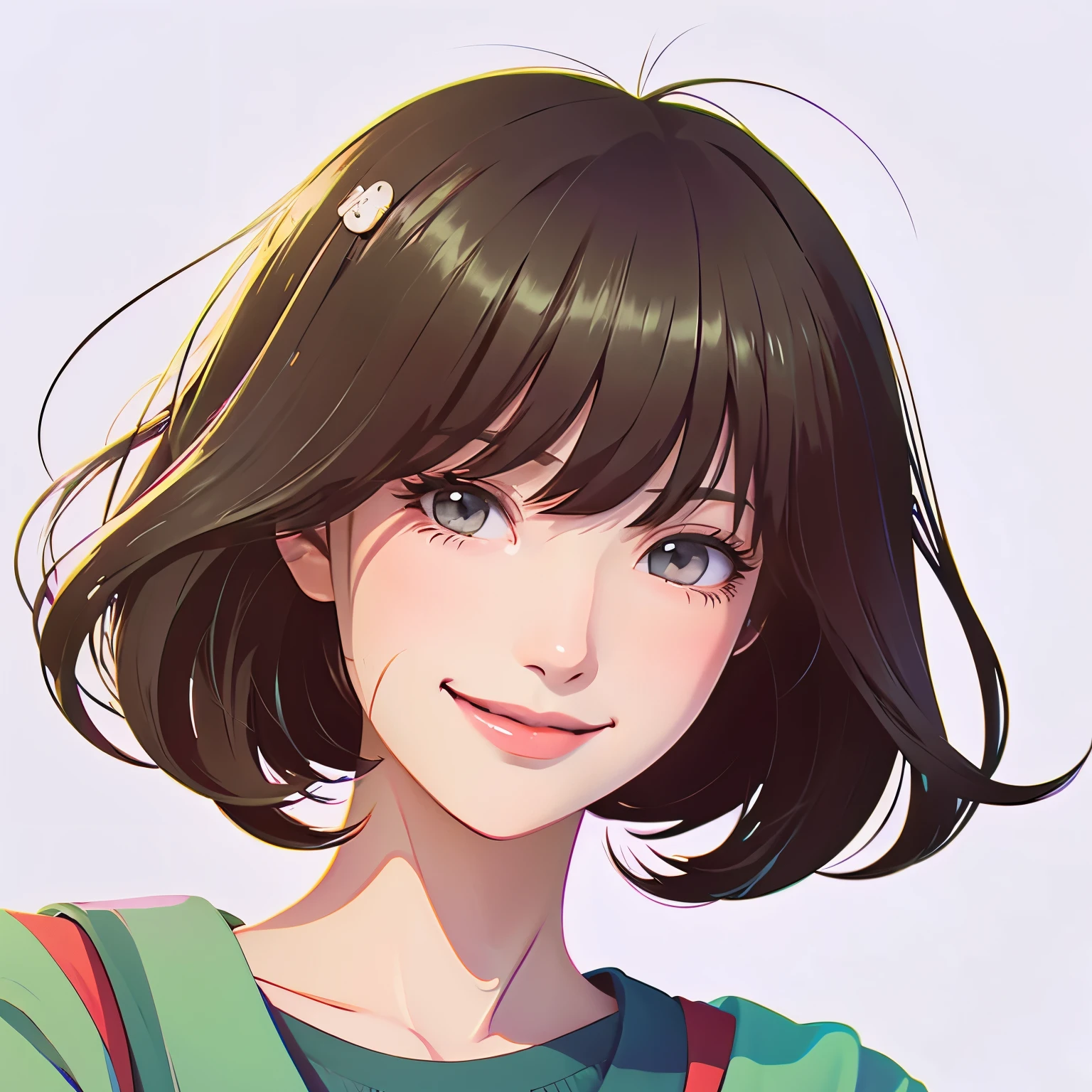 Illustration of a woman with a soothing smile Japanese anime style bob hair