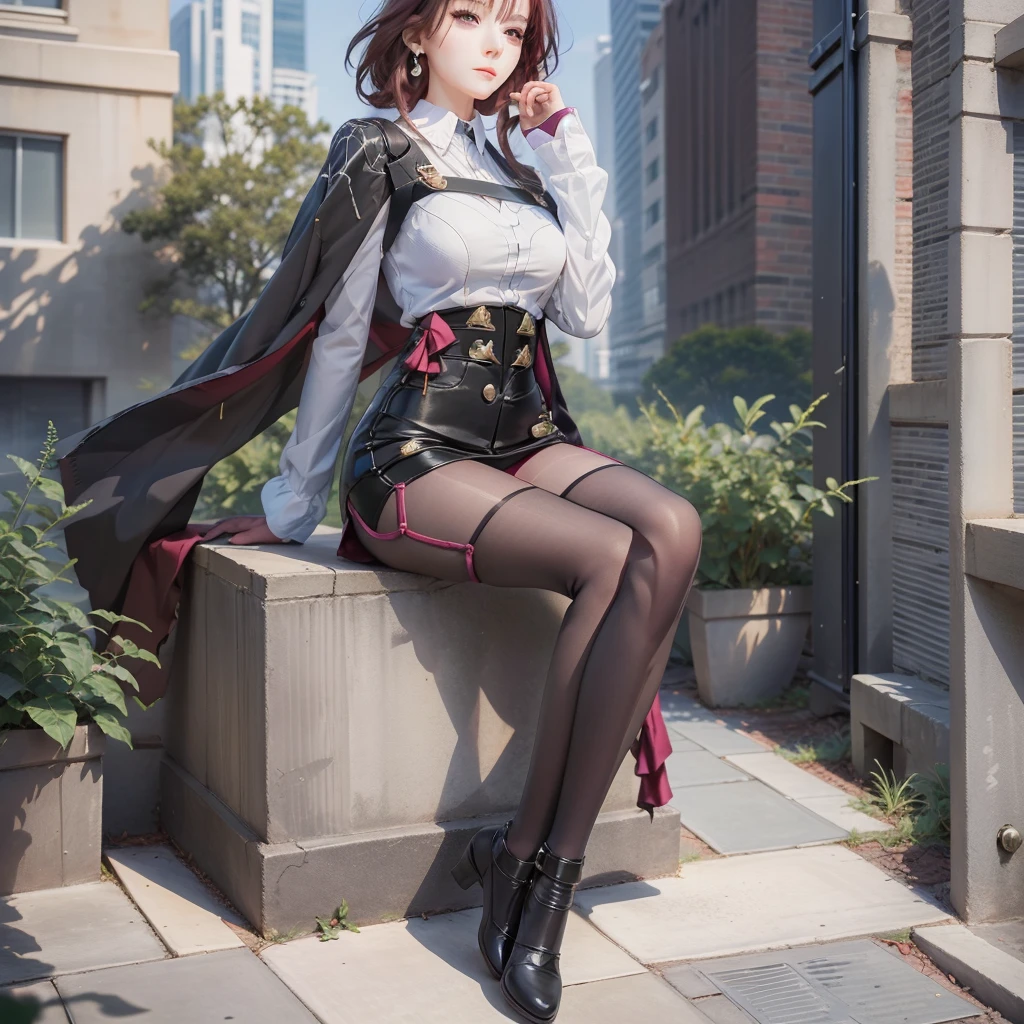 Best Quality, Full Body Portrait, Delicate Face, Beautiful Face, 25 Year Old Woman, Slim Figure, Large Bust, OL Uniform, Office Wear, Black Stockings, Outdoor Scene, Seated, (Masterpiece), (Best Quality), Perfect Figure, Ultra Detailed, Detailed Face, Girl, Best Quality