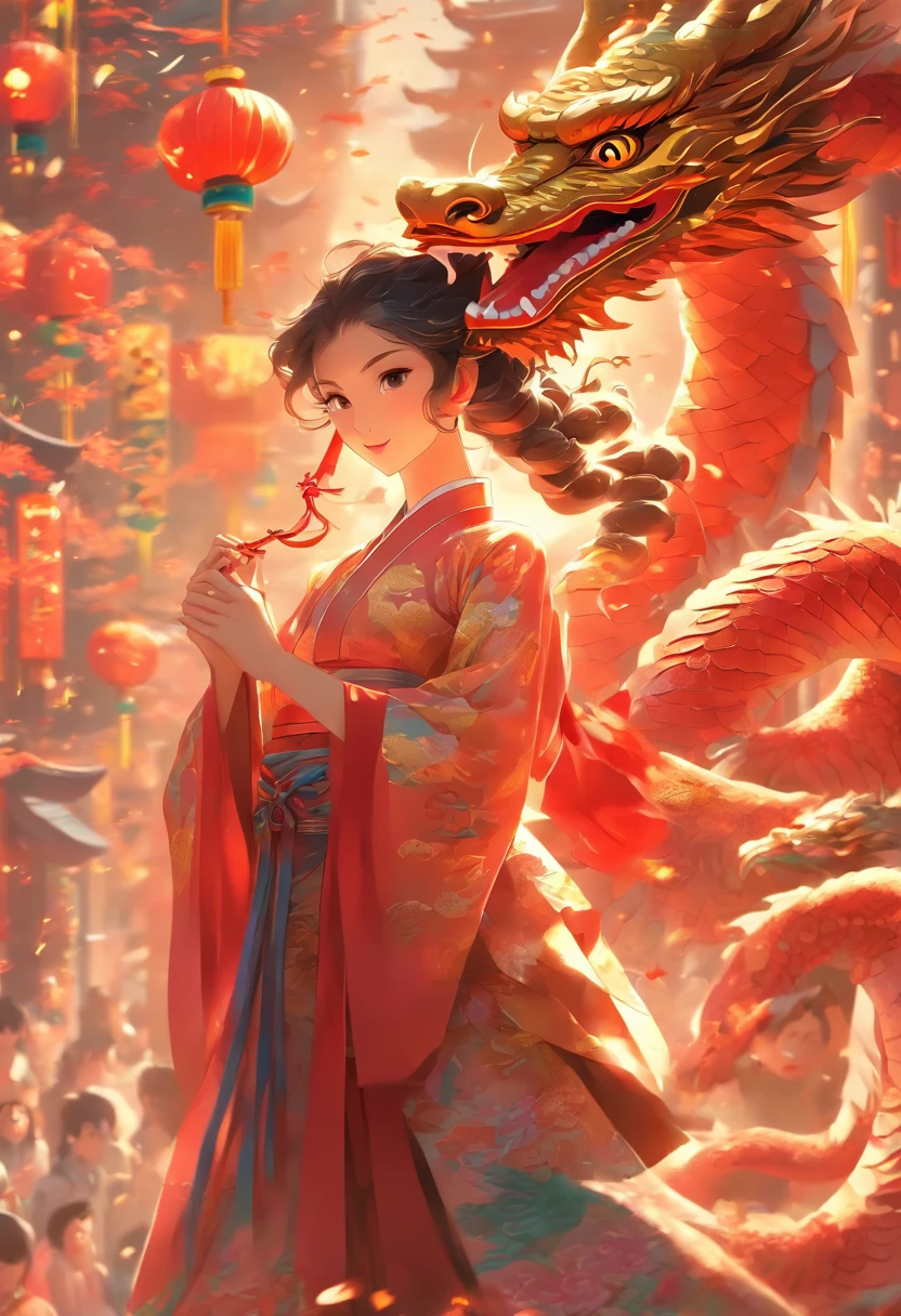 In the heart of the bustling Lunar New Year，A beautiful young lady dances with a dragon. There is a dragon puppet snake on it, Their bright colors illuminate upcoming military exchanges, Firecrackers exploded all around, They perform a beautiful dance ritual in perfect synchrony under the watchful eyes of the audience, captivating dance sequence, breathtakingly beautiful woman, Sophisticated colors and details, depth, Volumetric light, subsurface scattering, Quekselmeg scan, ridiculous,