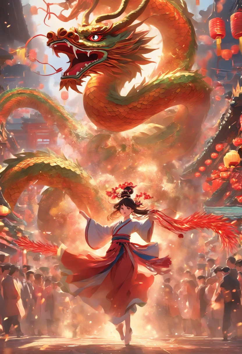 In the heart of the bustling Lunar New Year,A beautiful young lady dances with a dragon. There is a dragon puppet snake on it, Their bright colors illuminate upcoming military exchanges, Firecrackers exploded all around, They perform a beautiful dance ritual in perfect synchrony under the watchful eyes of the audience, captivating dance sequence, breathtakingly beautiful woman, Sophisticated colors and details, depth, Volumetric light, subsurface scattering, Quekselmeg scan, ridiculous,