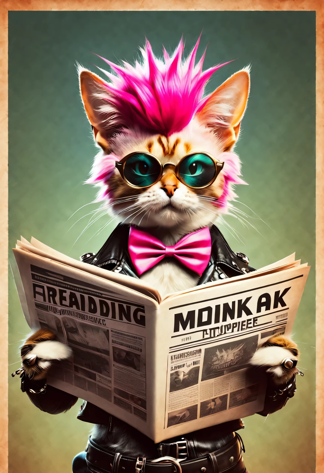 Punk cat with pink mohawk tattoo is reading newspaper, Fantasy poster