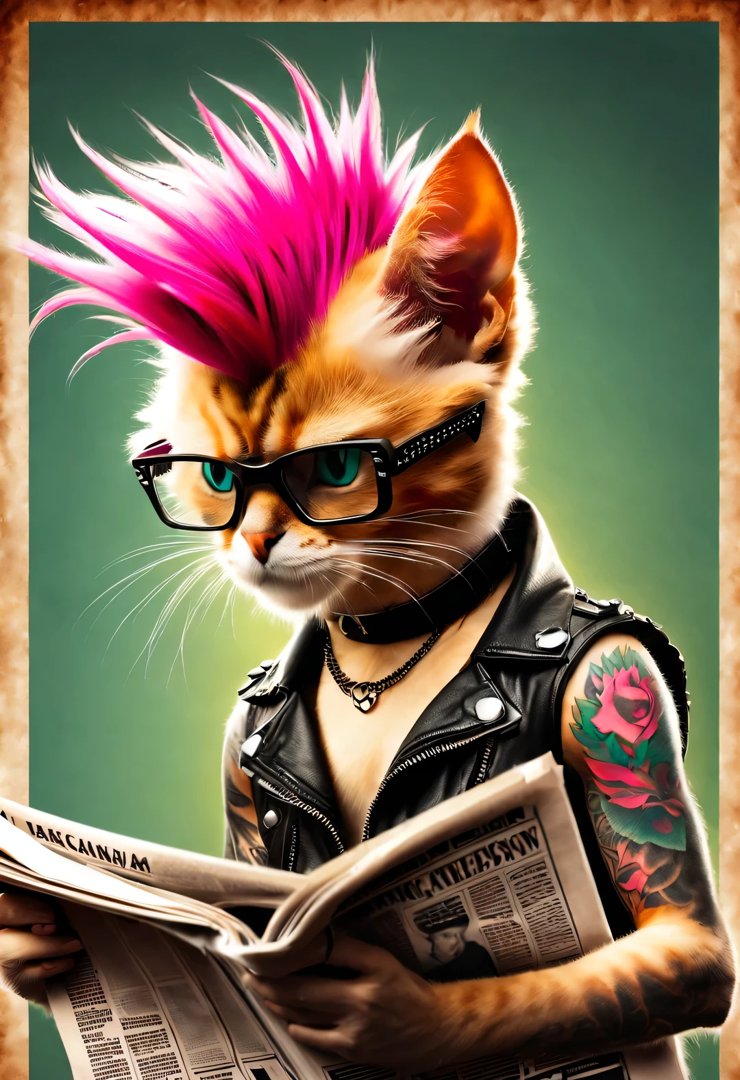 Punk cat with pink mohawk tattoo is reading newspaper, Fantasy poster