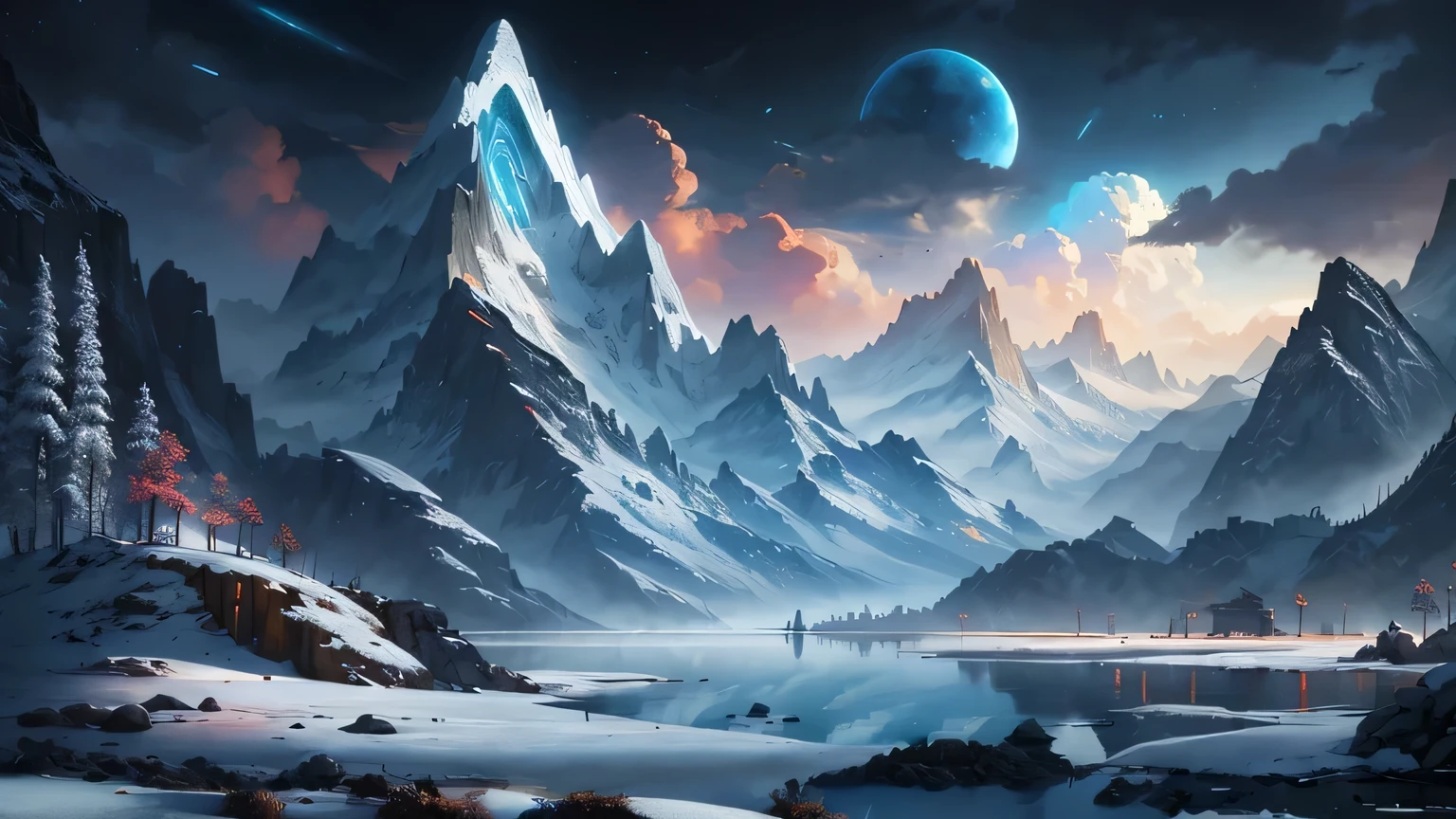 snowy mountain landscape,Highly detailed digital art in 4K,,4K detailed digital art,4K fantasy art,impressive fantasy landscape,Sci-Fi Fantasy Wallpaper,Sci-fi fantasy desktop wallpaper,Beautiful art UHD 4k,4k HD wallpapers are very detailed,Concept art wallpaper 4K,Detailed fantasy digital art,Sci-fi atmosphere,sense of technology