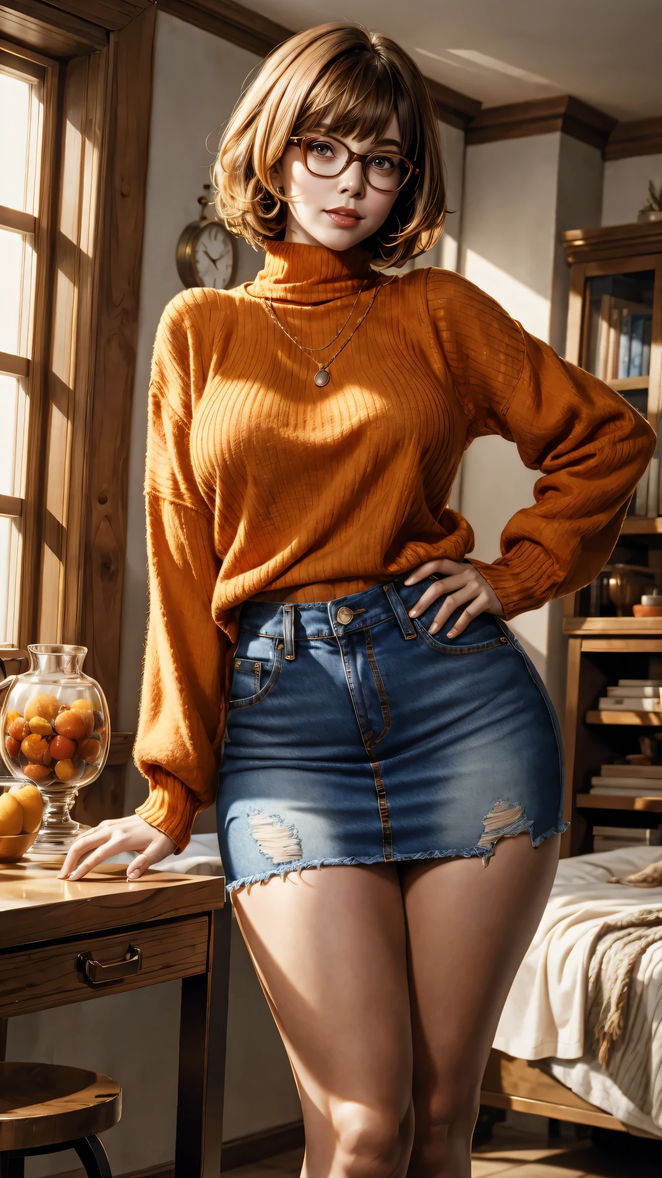 Velma Dinkley, orange knit sweater, huge shaggy breasts, big , sexy body, 8k resolution, detail body, denim short skirt, tall