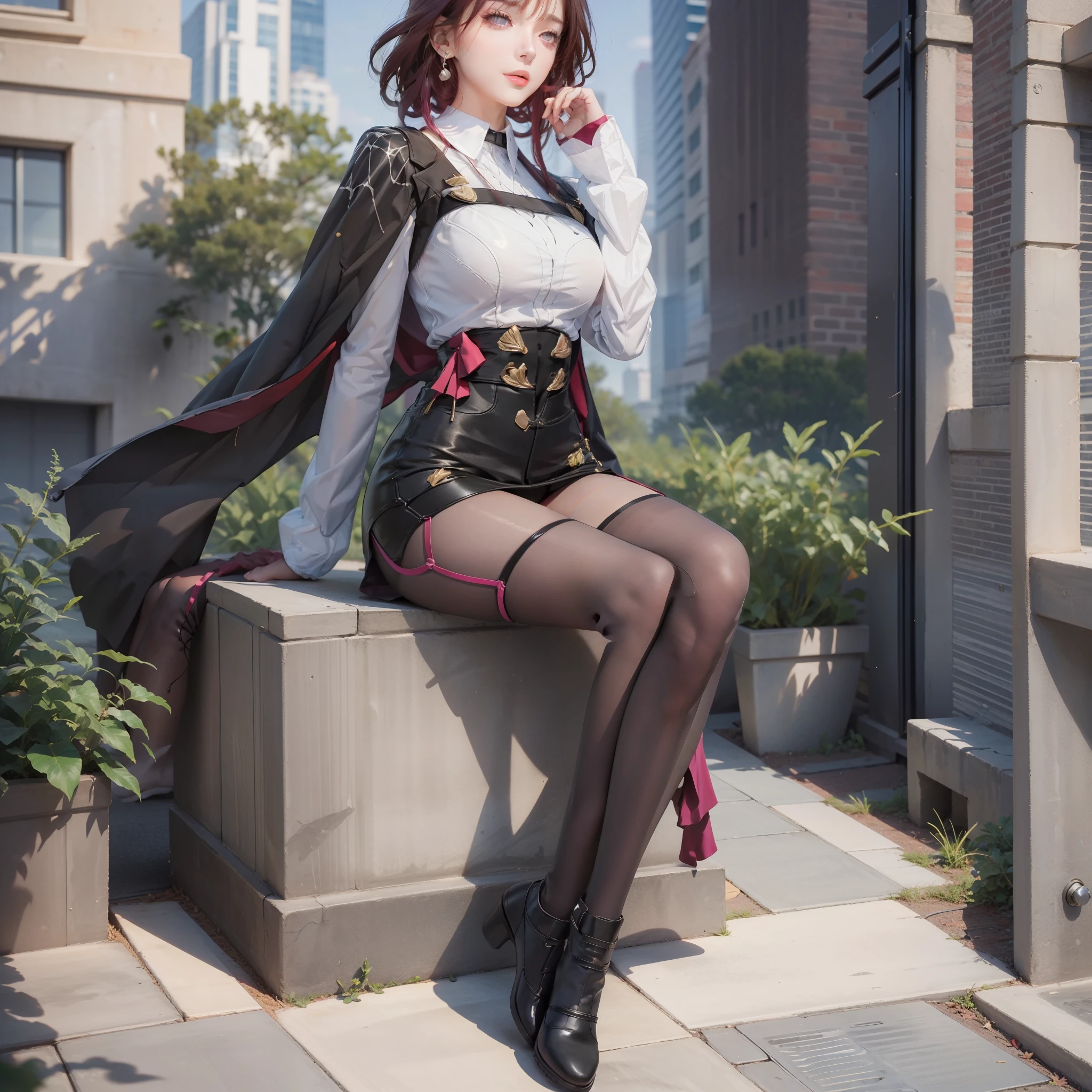 Best Quality, Full Body Portrait, Delicate Face, Beautiful Face, 25 Year Old Woman, Slim Figure, Large Bust, OL Uniform, Office Wear, Black Stockings, Outdoor Scene, Seated, (Masterpiece), (Best Quality), Perfect Figure, Ultra Detailed, Detailed Face, Girl, Best Quality