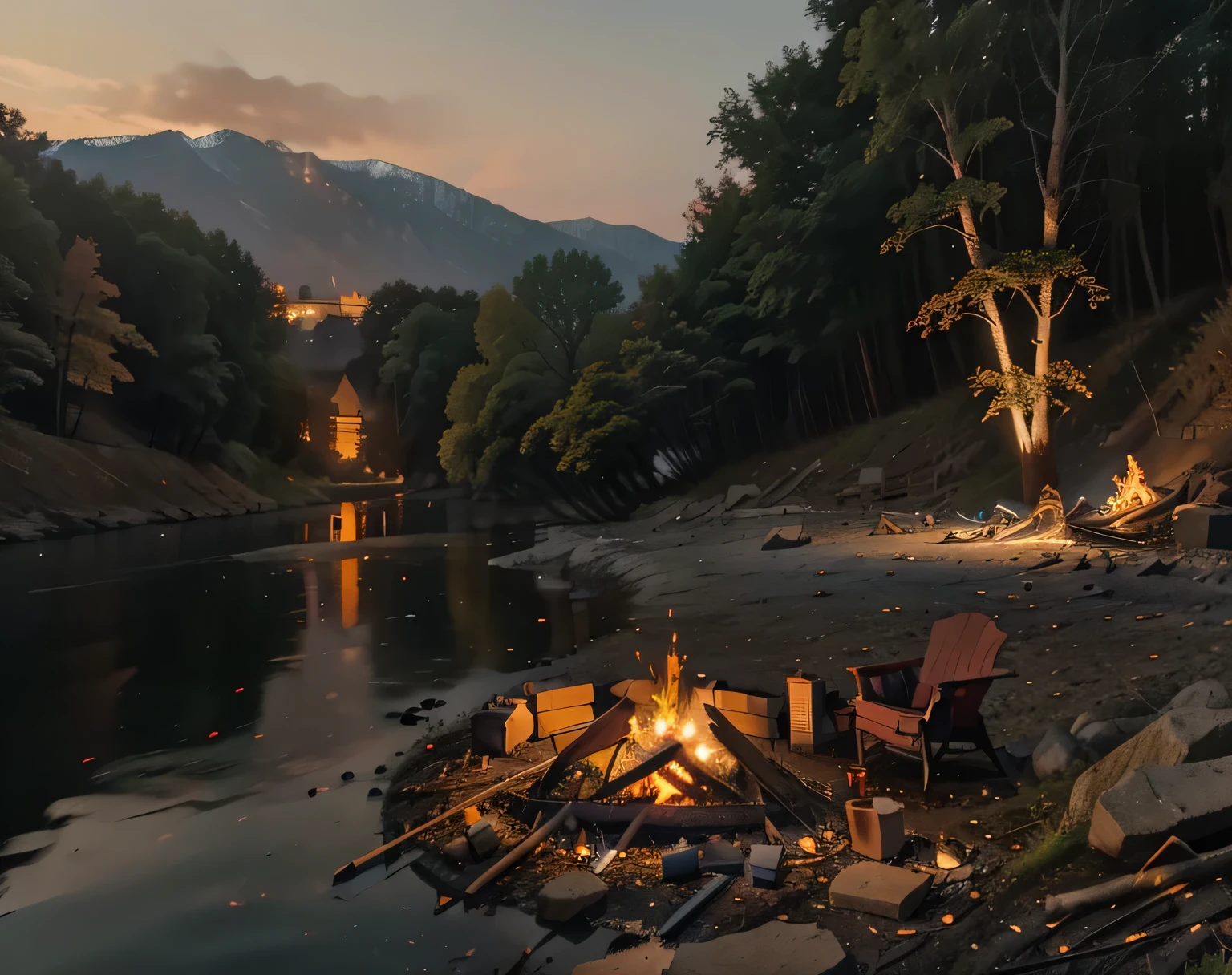 Night view of bonfire rising by the river