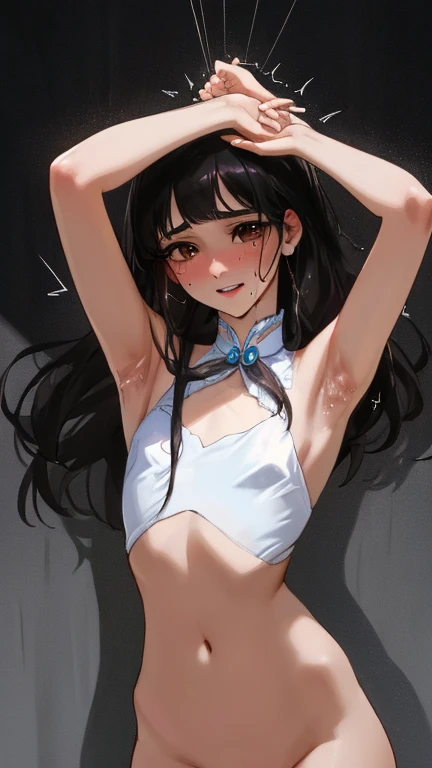 anime,Armpit 1girl sweat,Shyness,clear,topless,High exposure,Get your armpits licked,She had his arms tied、Suspended by a rope,A man touches his girlfriend&#39;s armpits,Sitting cross-legged,whole body,Slender body,See-through underwear