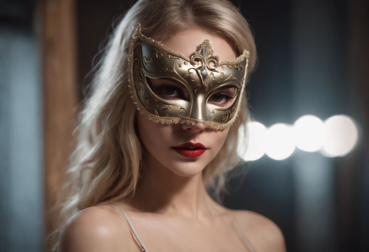 In a dark room there is a naked blonde girl wearing heeled boots and a Venetian mask, abbracciata ad un uomo mascherato, sguardo sensuale, eccitante, passione