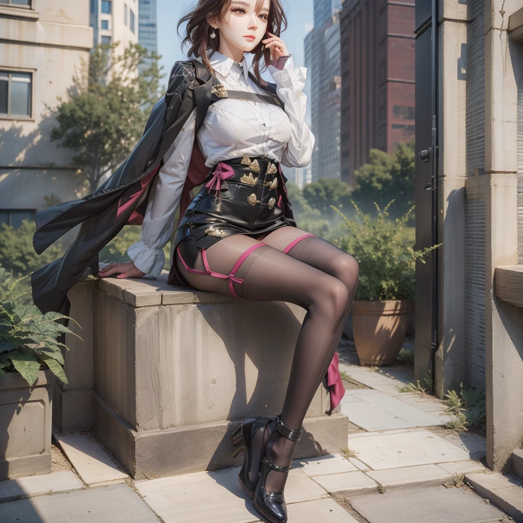 Best Quality, Full Body Portrait, Delicate Face, Beautiful Face, 25 Year Old Woman, Slim Figure, Large Bust, OL Uniform, Office Wear, Black Stockings, Outdoor Scene, Seated, (Masterpiece), (Best Quality), Perfect Figure, Ultra Detailed, Detailed Face, Girl, Best Quality