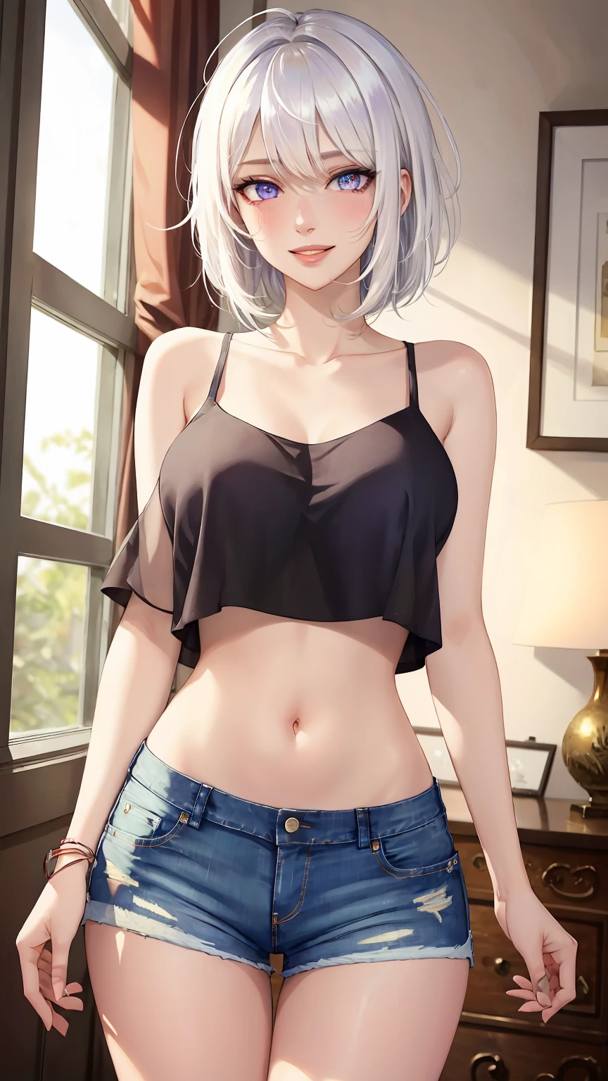 ((((masterpiece, best quality, high resolution)))), (1girl:1.5), ((short silky hair, white hair, purple eyes, sharp eyes)), (big breasts:1.2), (blushing), (cheeky smile, parted lips), glow, thighs, bare shoulders, collarbone, narrow waist, (slender body figure), (beautiful detailed face, beautiful detailed eyes), ((white Crop Top Overhang, jeans shorts)), (standing up), looking at viewer, bedroom, (cowboy shot)
