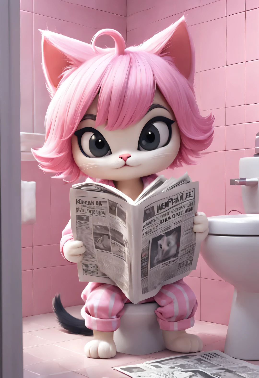 With folk art style,
(A cute kitten squatting on the toilet, Read thick and large newspapers), (Wearing eyes), (pink punk hairstyle,) (Wear hip-hop style pajamas and exaggerated f pajamas), detailed details, beautiful details,
background: Bathroom 3D rendering, cartoon, illustration, Pixar, cartoon, ultra high definition, high quality, 32k,