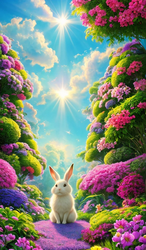 In the heart of a whimsical garden, a rabbit with shimmering, iridescent fur hops amongst vibrant, surreal blooms. This stunning artwork showcases a stereogram effect, creating an Art Deco-inspired illusion of depth and dimension. Pixar-esque animation style merges seamlessly with Ghibli-like colors, illuminated by cinematic lighting filled with sparkle and god rays. Witness the meticulous detail and rich textures at 8k resolution, a true masterpiece of UHD art. Carefully curated for best quality, every element is rendered with super detail and high contrast, elevating the living art scene to new heights