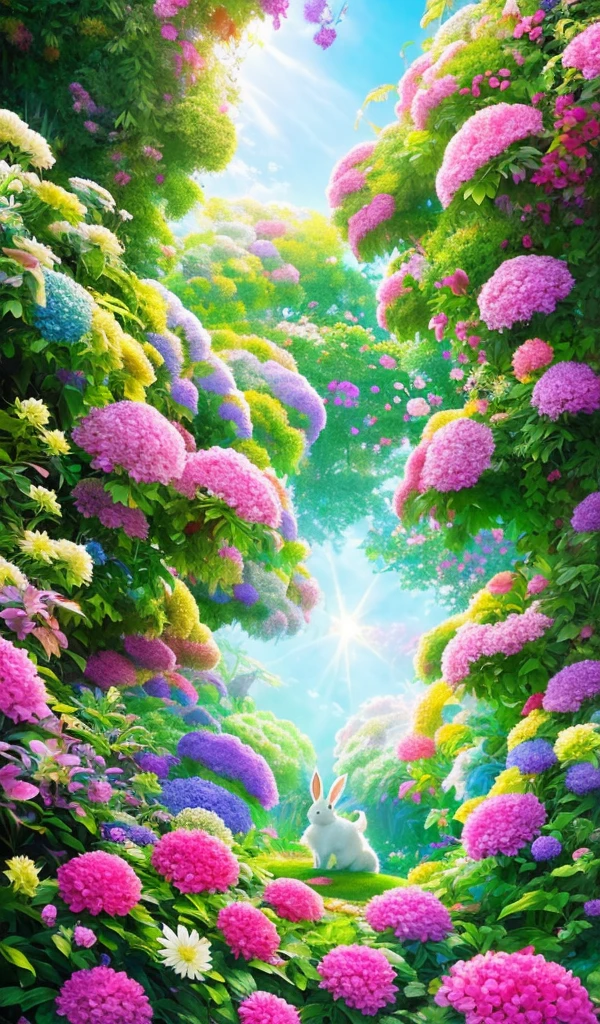 In the heart of a whimsical garden, a rabbit with shimmering, iridescent fur hops amongst vibrant, surreal blooms. This stunning artwork showcases a stereogram effect, creating an Art Deco-inspired illusion of depth and dimension. Pixar-esque animation style merges seamlessly with Ghibli-like colors, illuminated by cinematic lighting filled with sparkle and god rays. Witness the meticulous detail and rich textures at 8k resolution, a true masterpiece of UHD art. Carefully curated for best quality, every element is rendered with super detail and high contrast, elevating the living art scene to new heights