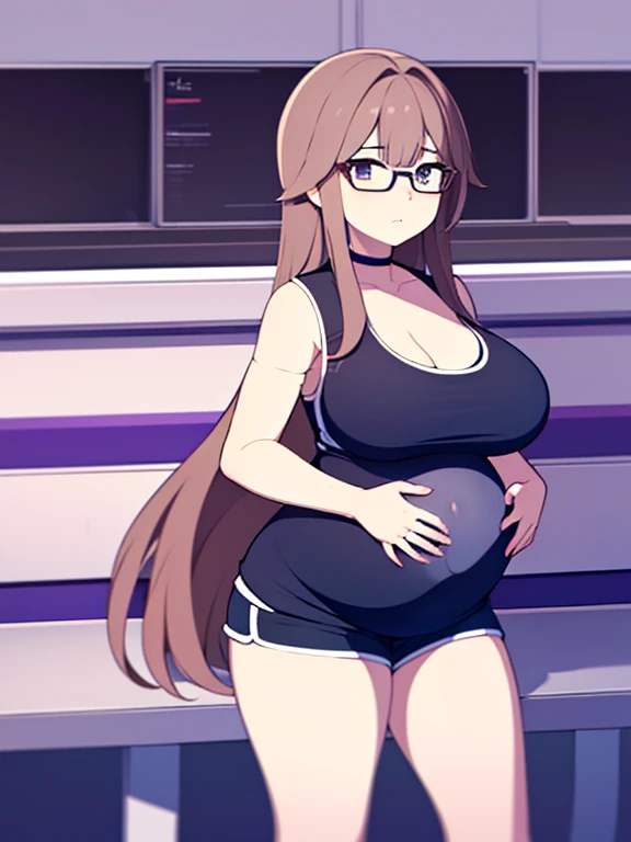 (Very high quality, detailed) A full body image of a pregnant girl wearing a sports bra, very thight shorts and glasses, she's standing barefoot and has very big breasts, long hair and a pretty thick body. She has her hands on her belly and her belly is uncovered
