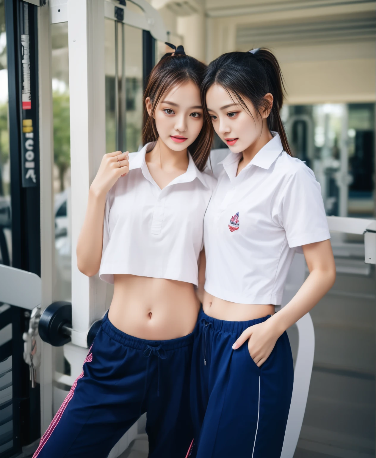 2 girls in fitness center, Navy blue short-sleeved shirt,Navy Long Trackpant,Sweatpants, Sweatpantsขายาว,25 year old girl, lesbian, sexy, exercise clothes, wet body, exercise clothes