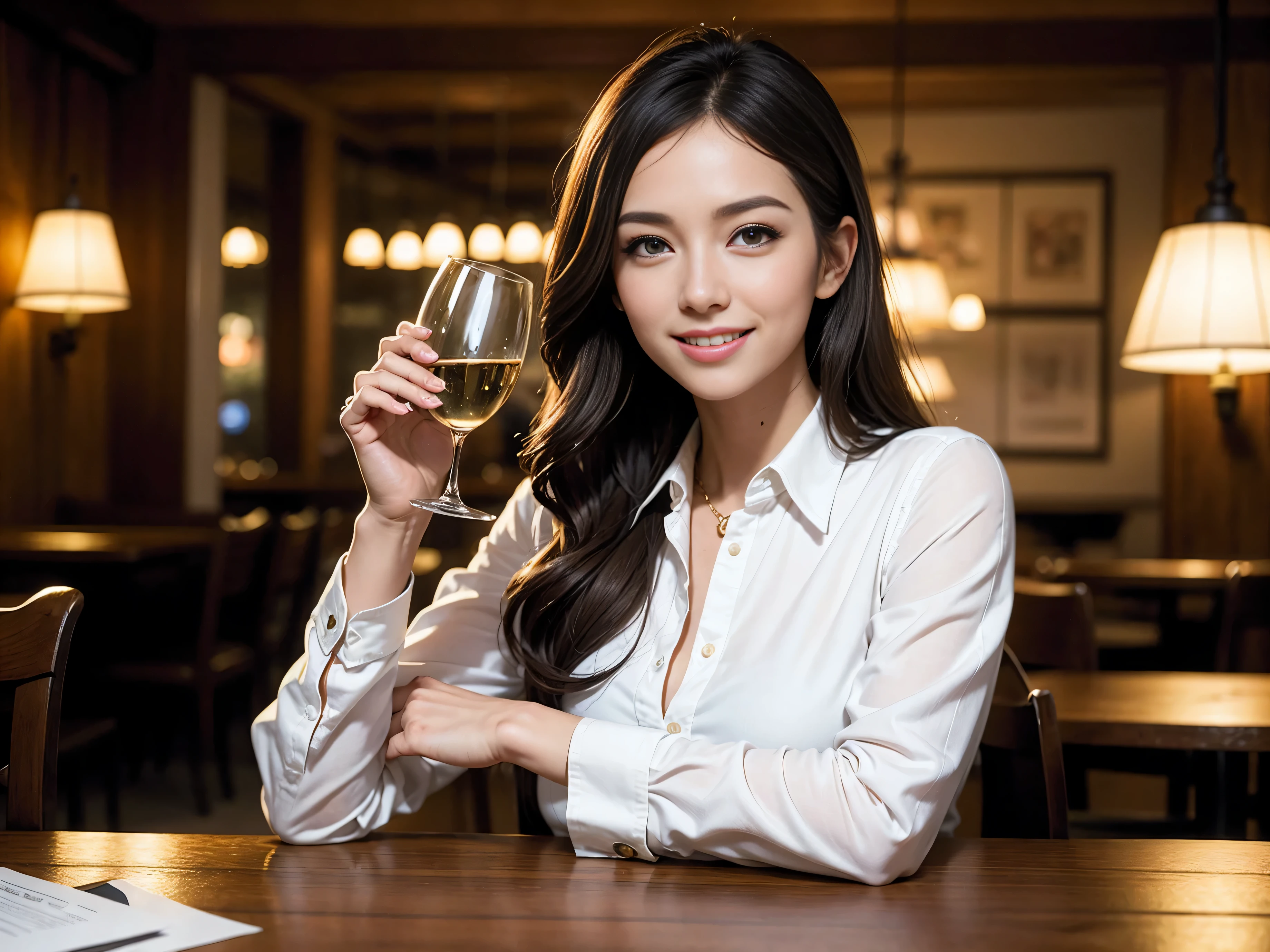 (including 64k, nffsw, highest quality, table top: 1.2), (realistic, photorealistic: 1.37), long sleeve shirt、winter fashion、Colombia、Brazilian、Japanese、Dutch、German、Portuguese、Belgian、Italian、french,champagne、Sparkling wine、 (slimフェイス), (slimボティ), (brown hair), (shortcut), Neat beauty、cheeks blush a little, (35 years old), 38 years old, alone, 窓の外には美しく緻密なnight景が広がります., restaurant, wine glassが座っている, nightに, in a prominent place (from the Upper body) nova frog style, actress, model, Upper body, White wine, slim, wine glass, Super Clean night View, wine glass Put in the Middle, Happy smile, (smile: 1.15), beautiful and detailed eyes, Upper body, bust japan up, night, short, short, actress, model, Upper body, White wine, slim, wine glass, Super Clean night View, wine glass Put in the Middle, Happy smile,
