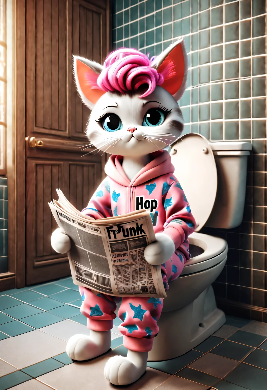 With folk art style,
(A cute kitten sitting on the toilet reading a thick large newspaper), (Wearing eyes), (pink punk hairstyle), (Wear hip-hop style pajamas and exaggerated f pajamas), detailed details, beautiful details,
background: Bathroom 3D rendering, cartoon, illustration, Pixar, cartoon, ultra high definition, high quality, 32k,