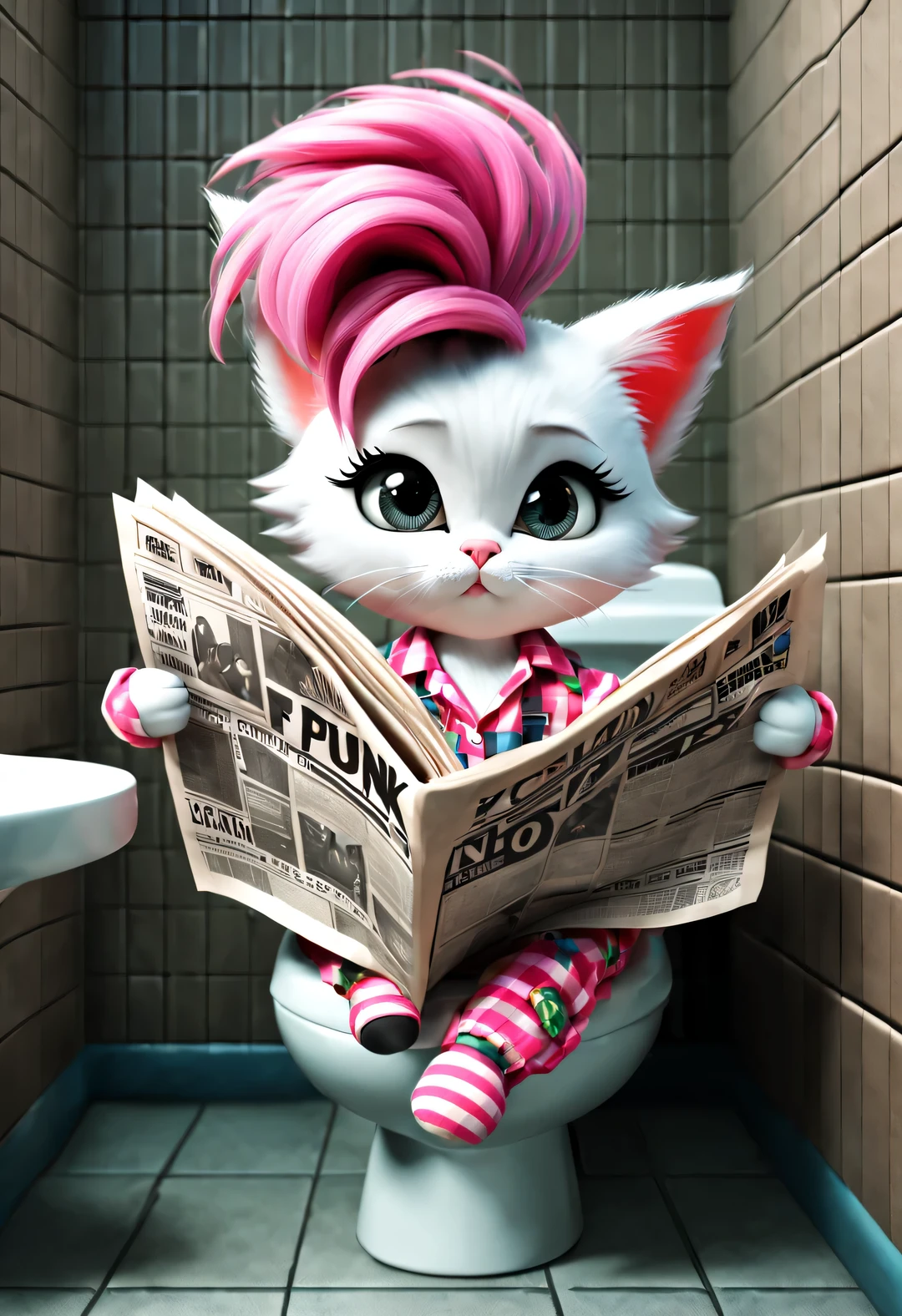 With folk art style, (A cute kitten squatting on the toilet, Read thick and large newspapers), (Wearing eyes), (pink punk hairstyle,) (Wear hip-hop style pajamas and exaggerated f pajamas), detailed details, beautiful details, background: Bathroom 3d rendering, cartoon, illustration, Pixar, cartoon, ultra high definition, high quality, 32k,