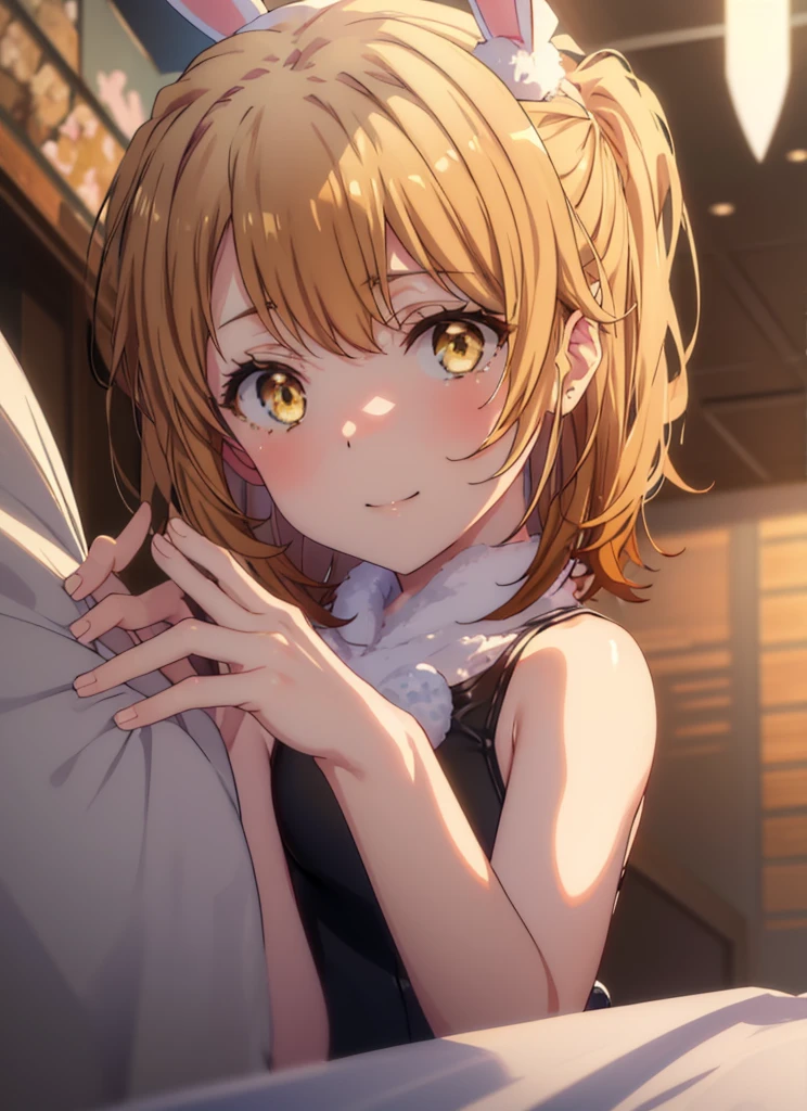 irohaisshiki, Isshiki Iroha, short hair, brown hair, (brown eyes:1.5), blush,smile,bed sheet,Medium chest,young body,Black pantyhose,(Bunny girl:1.5),(yellow playboy bunny:1.0),break looking at viewer,break (masterpiece:1.2), highest quality, High resolution, unity 8k wallpaper, (figure:0.8), (beautiful and fine eyes:1.6), highly detailed face, perfect lighting, Very detailed CG, (perfect hands, perfect anatomy),