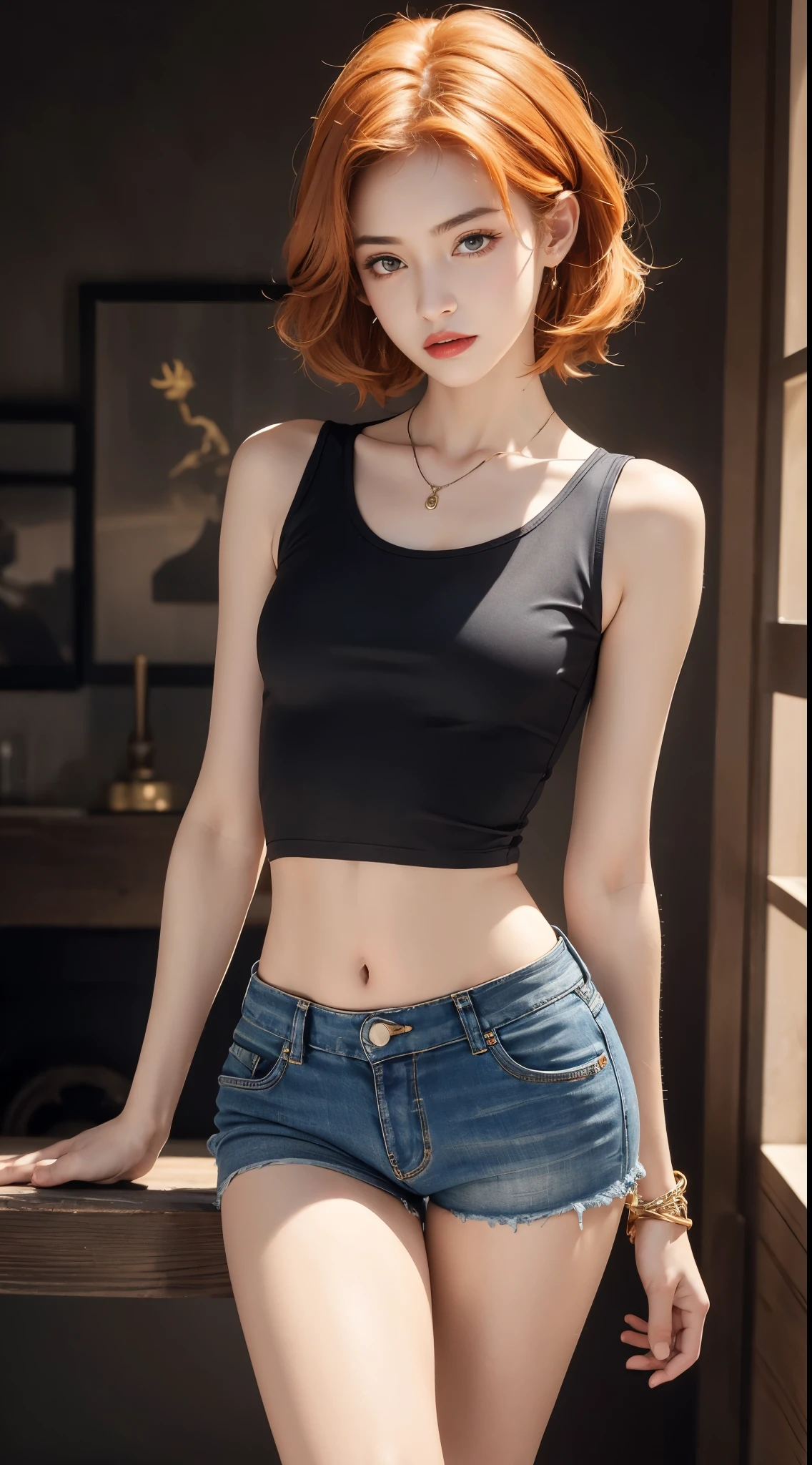 ((medium chest, tomboy girls, small head)), (chiselled abdomen: 1.1), (perfect body: 1.1), (short wavy hair: 1.2), light orange hair, collar, chain, full body photo, dojo, wearing black tank top, denim jacket, ((shorts)), (extremely detailed CG 8k wallpaper), (an extremely delicate and beautiful masterpiece), (best quality: 1.0), (high resolution: 1.0), beautiful lighting, perfect lighting,  Realistic shadows, [Highres], Detailed skin, ultra-detailed (((color)))