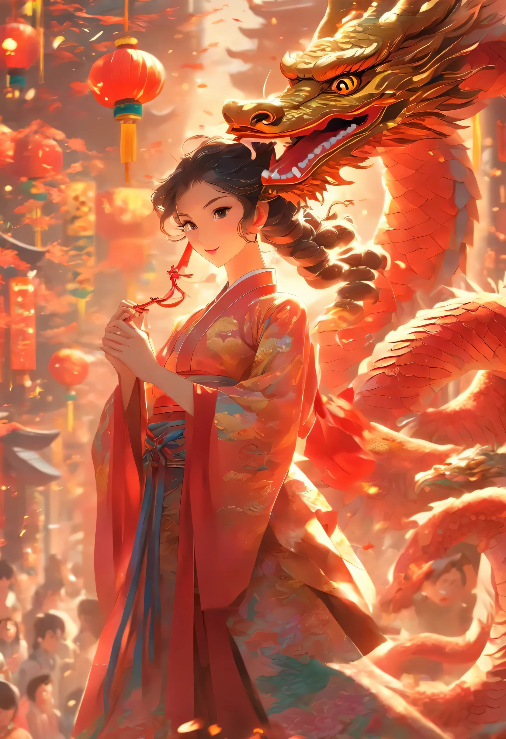 In the heart of the bustling Chinese New Year，A beautiful lady dances with the dragon. There&#39;s a dragon puppet snake on it, Their bright colors illuminate upcoming military exchanges, Firecrackers blast all around, They perform beautiful dance rituals in perfect synchrony under the watchful eyes of the audience, captivating dance sequence, breathtakingly beautiful woman, Sophisticated colors and details, depth, Volumetric light, subsurface scattering, Quekselmeg scan, ridiculous,