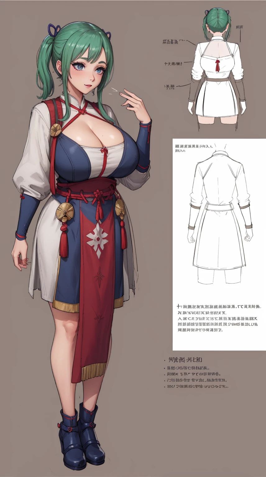 girl, solo, full body, from head to toe, standing, (Huge_Breasts:1.3),

Character Design Sheet, character reference sheet, character turn around,

midori, sexy Chinese dress, sexy, cleavage,