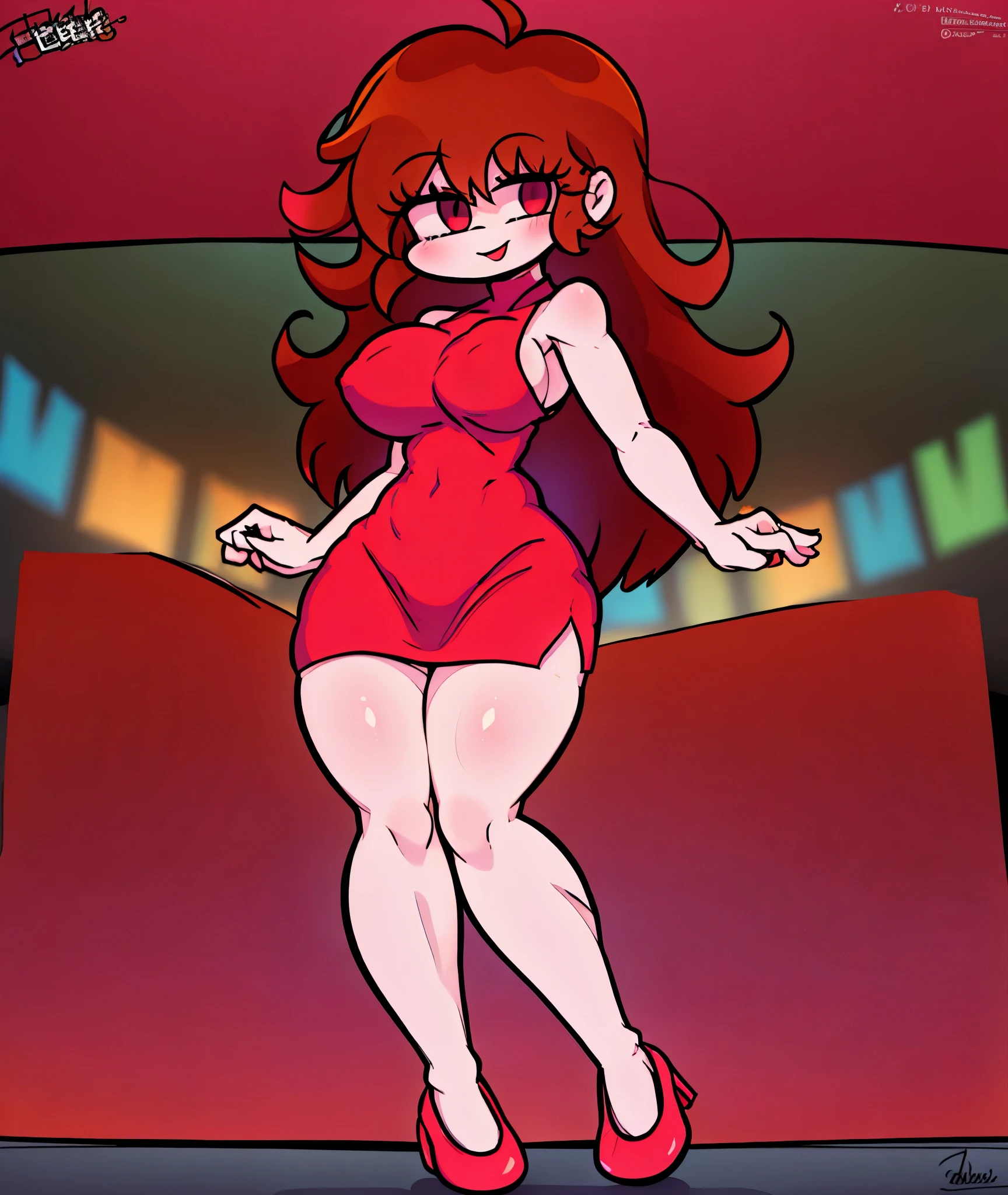 [girlfriend], [friday night funkin'], ((masterpiece)), ((HD)), ((high res)), ((beautiful render art)), ((solo portrait)), ((full body)), ((front view)), ((feet visible)), ((cinematic lighting)), , ((detailed shading)), ((intricate details)), {(slim figure), (cute maroon eyes), (long eyelashes), (long brown hair), (medium boobies), (curvy hips), (thick thighs), (beautiful legs), (blushing), (cute smile), (mouth open)}, {(short red dress), (side-boob visible), (red pencil skirt), (red heels)}, {(standing), (looking at viewer)}, [Background; (club), (stage), (neon lights), (ambient lighting)]