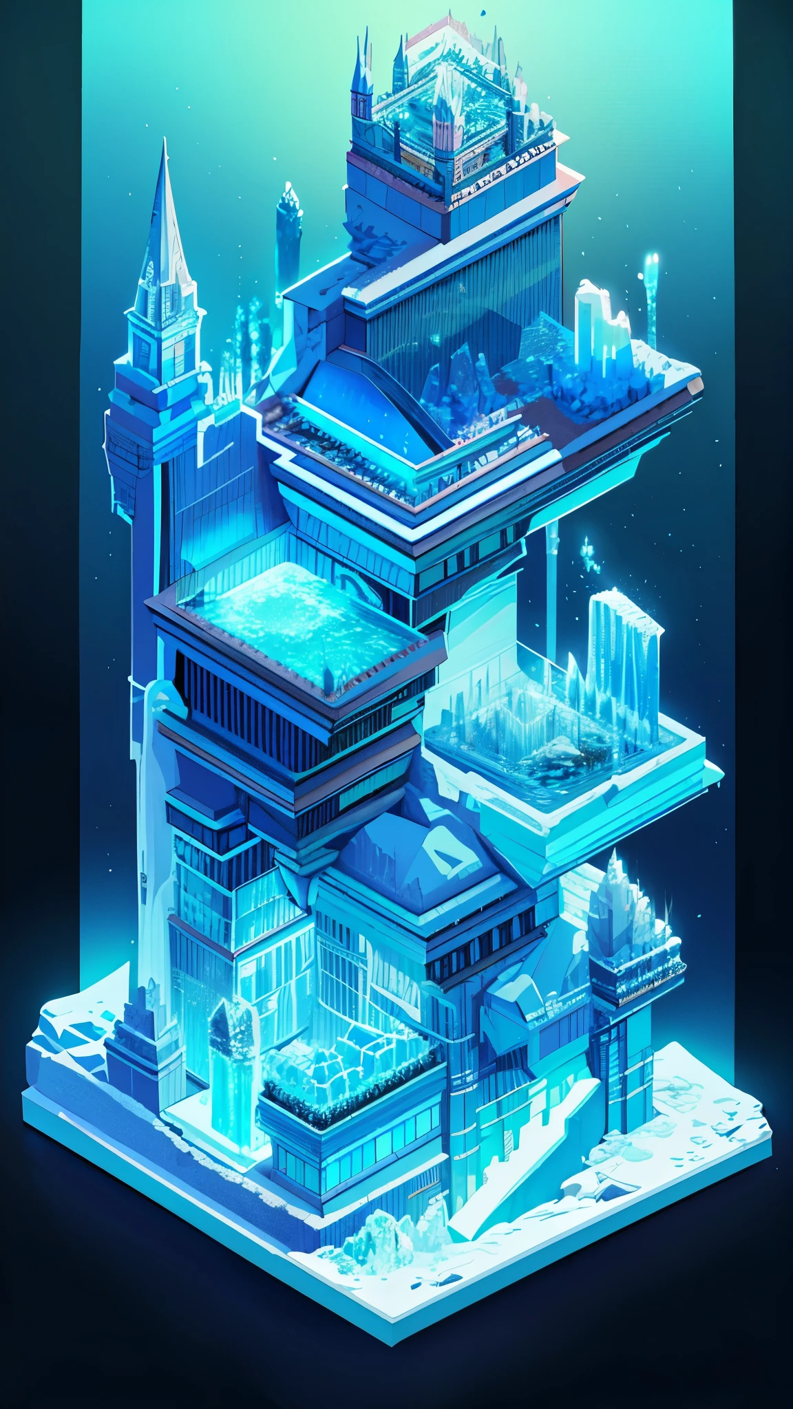 An masterpiece isometric image in pale blue tones of long very tall ice castle that breathe of ice-cold atmosphere and feels freezing. No humans, Snow and stars background, ultra sharp focus, shine, neon lights